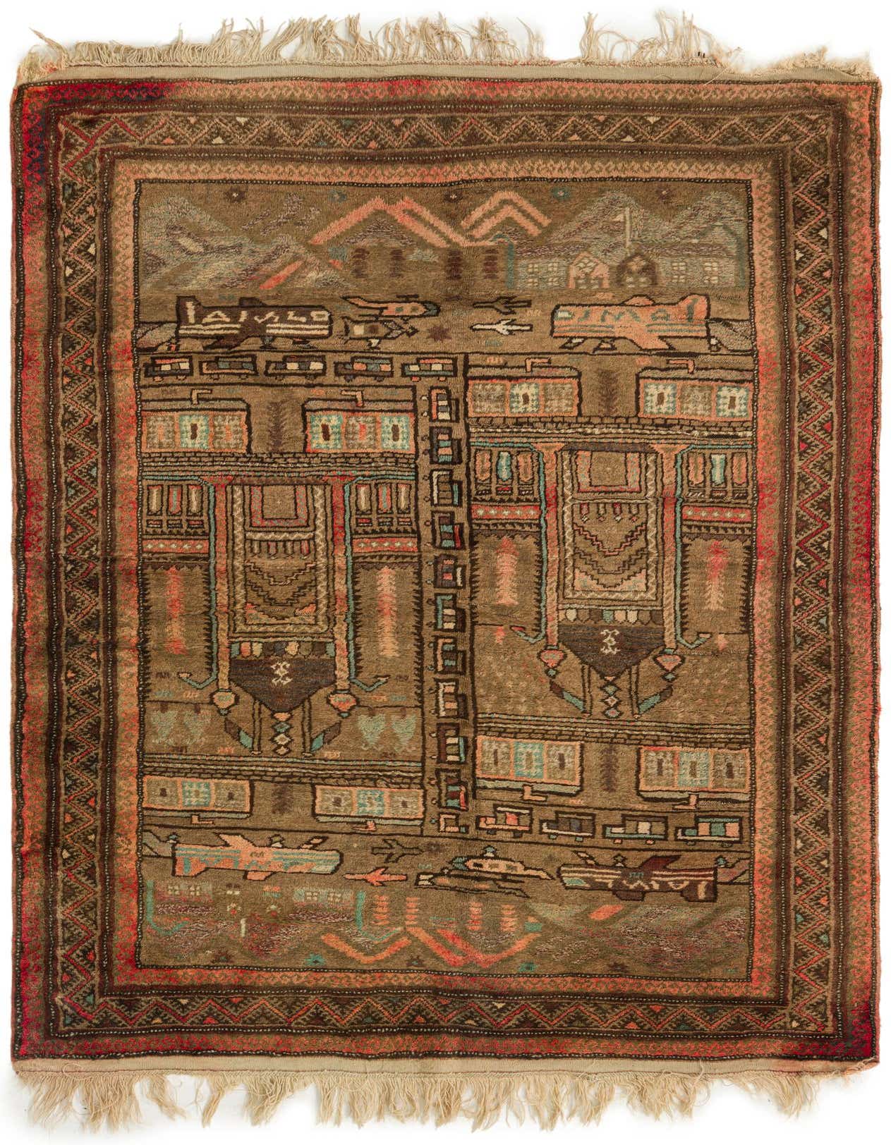 A 4x6 rectangular Balouch rug with a traditional Persian design in browns, tans, and muted accent colors, featuring tribal motifs and a detailed border.