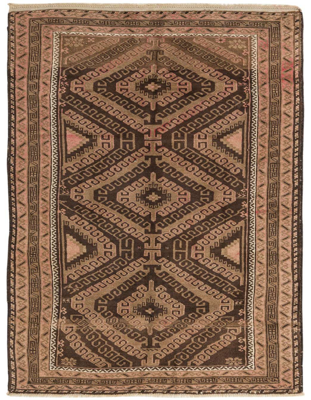 A 4x6 rectangular Balouch rug with a traditional tribal pattern in various shades of brown and tan, featuring geometric motifs and a detailed border.