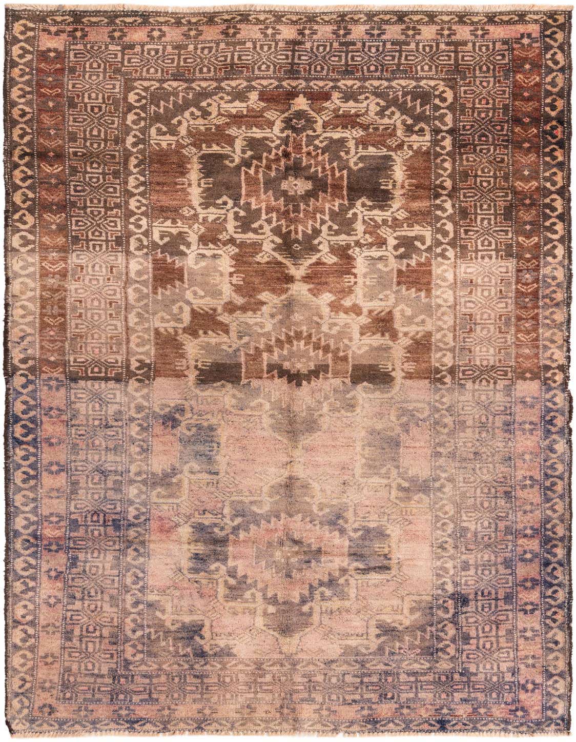 A rectangular 4x6 Balouch wool rug featuring traditional Persian and tribal patterns in shades of brown, tan, and faded blue, ideal for a living room.