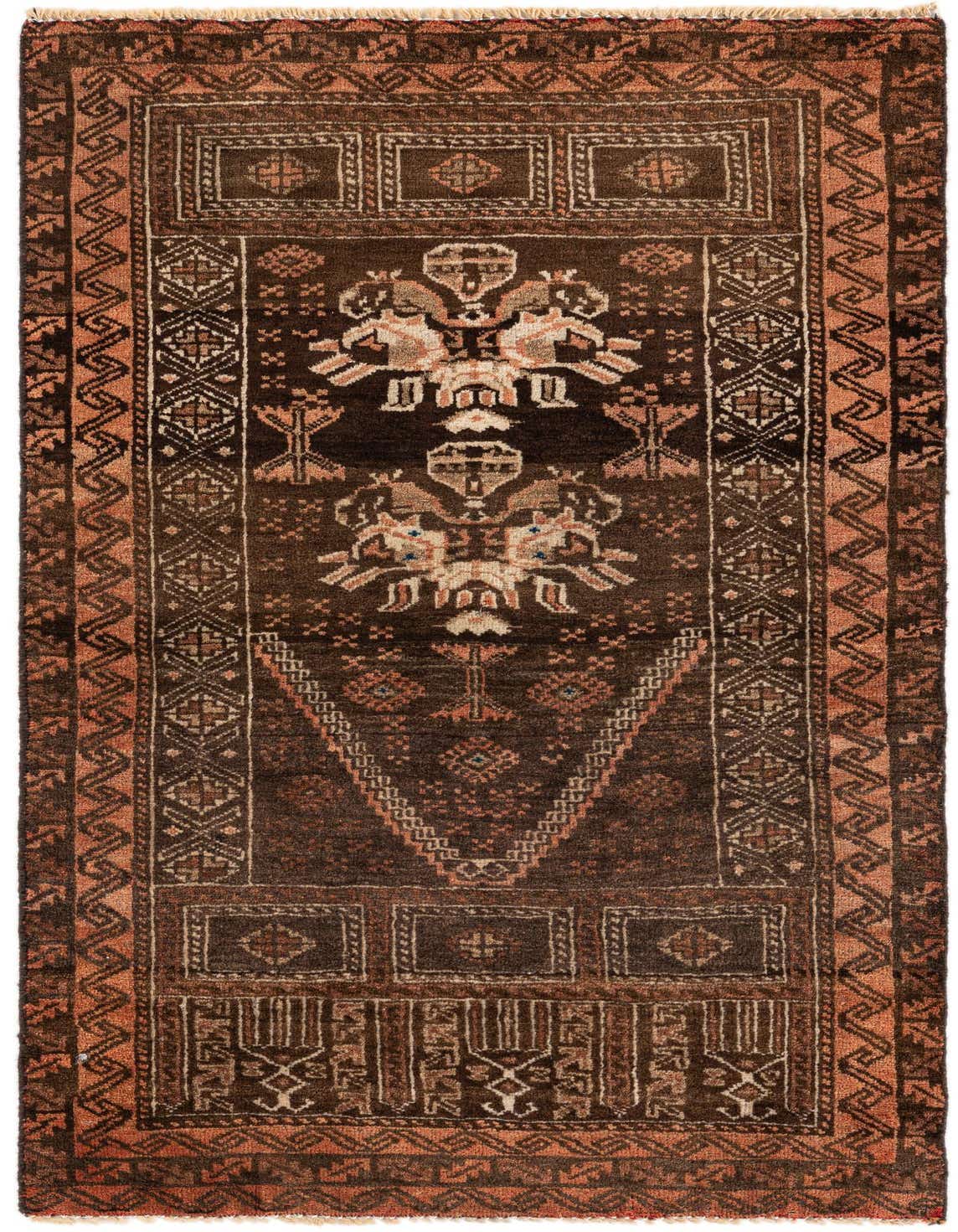 A 3x4 rectangular Balouch rug with a dark brown field, tan and peach tribal patterns, and a central medallion.