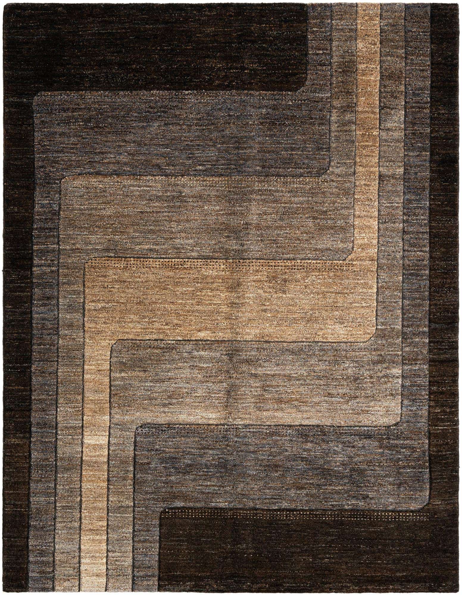 A 4x6 rectangular Baxjasta Persian wool rug featuring a geometric pattern in varying shades of brown and tan.