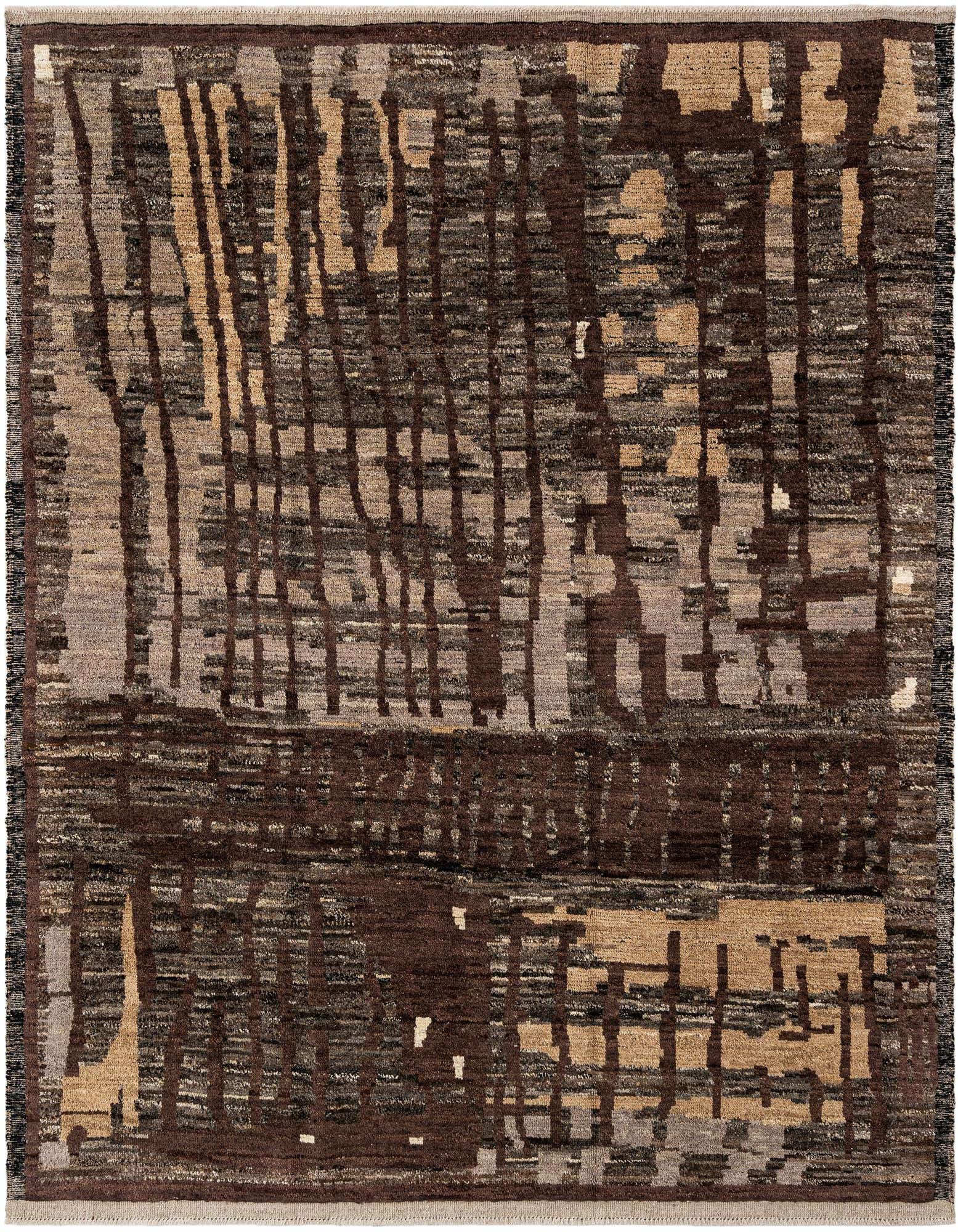 Rectangular Beni Marok wool rug with abstract Persian pattern in varying shades of brown and tan.
