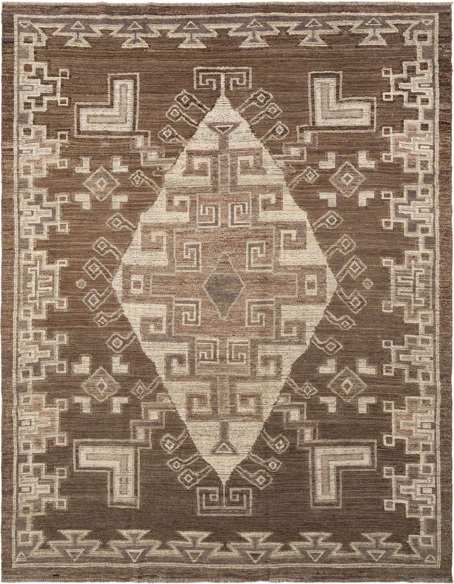 A rectangular wool rug featuring a central diamond motif and geometric patterns in shades of brown and tan.
