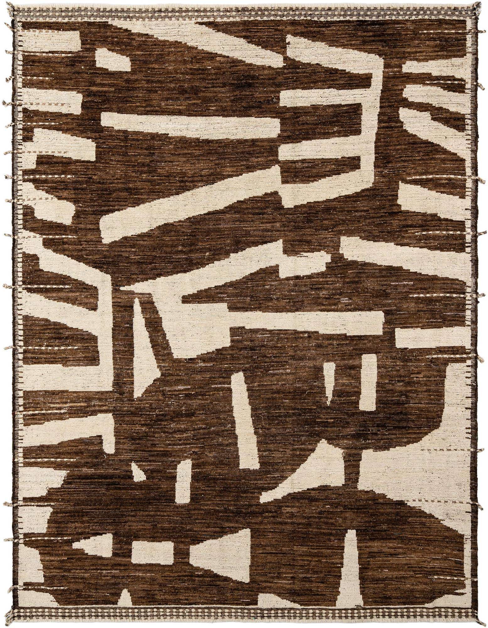 A rectangular Beni Marok wool rug featuring a bold, abstract Persian pattern in deep brown and light tan.