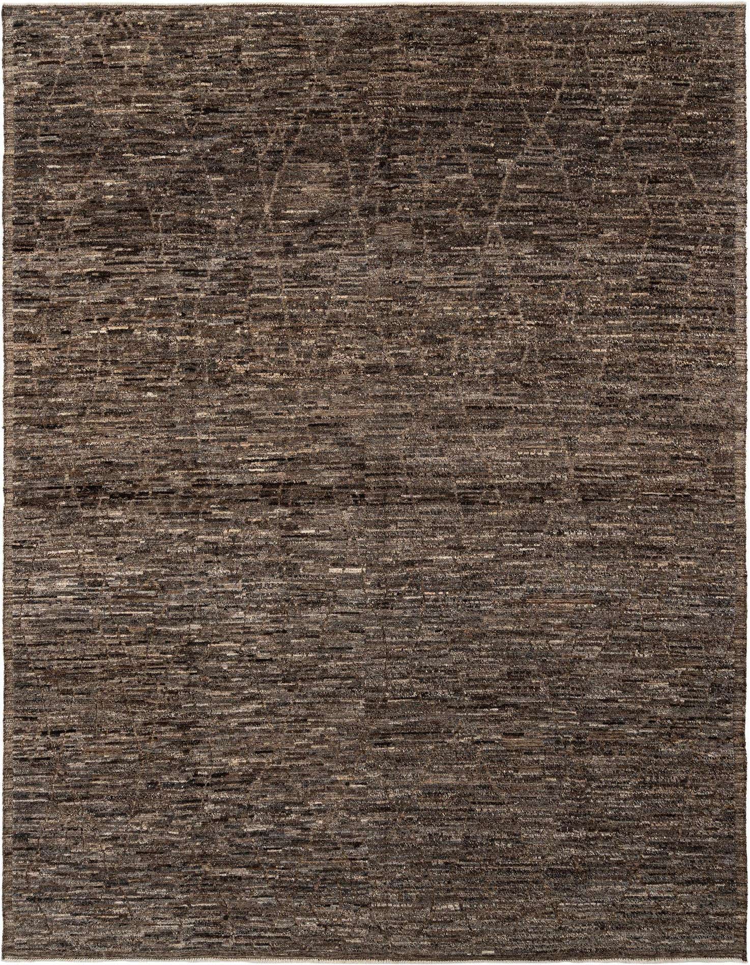 A handmade rectangular Beni Marok wool rug in varying shades of brown and tan, featuring a subtle Persian pattern.
