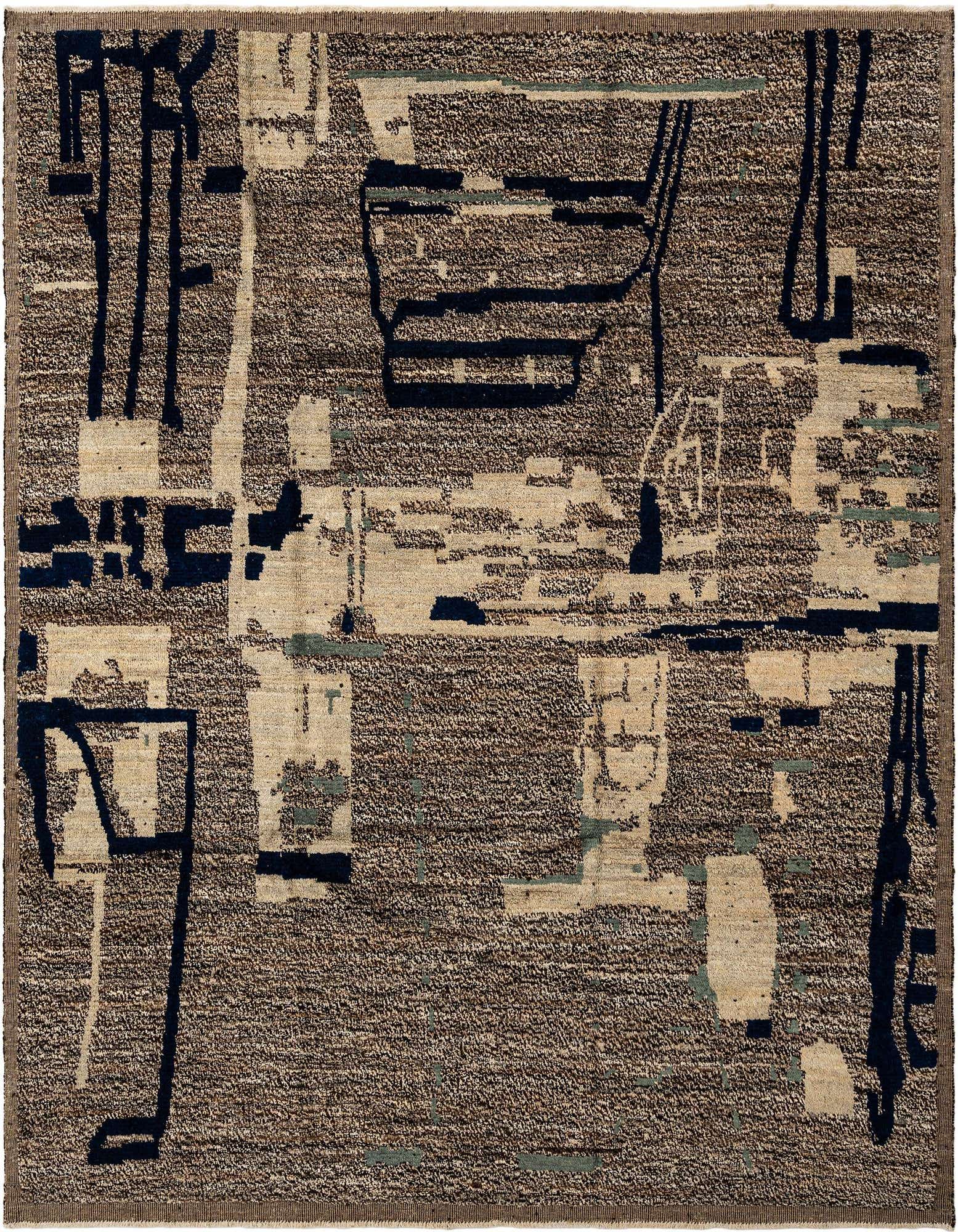 Handmade rectangular wool rug featuring a textured brown background with abstract tan, dark blue, and subtle green patterns, suitable for an indoor living space.