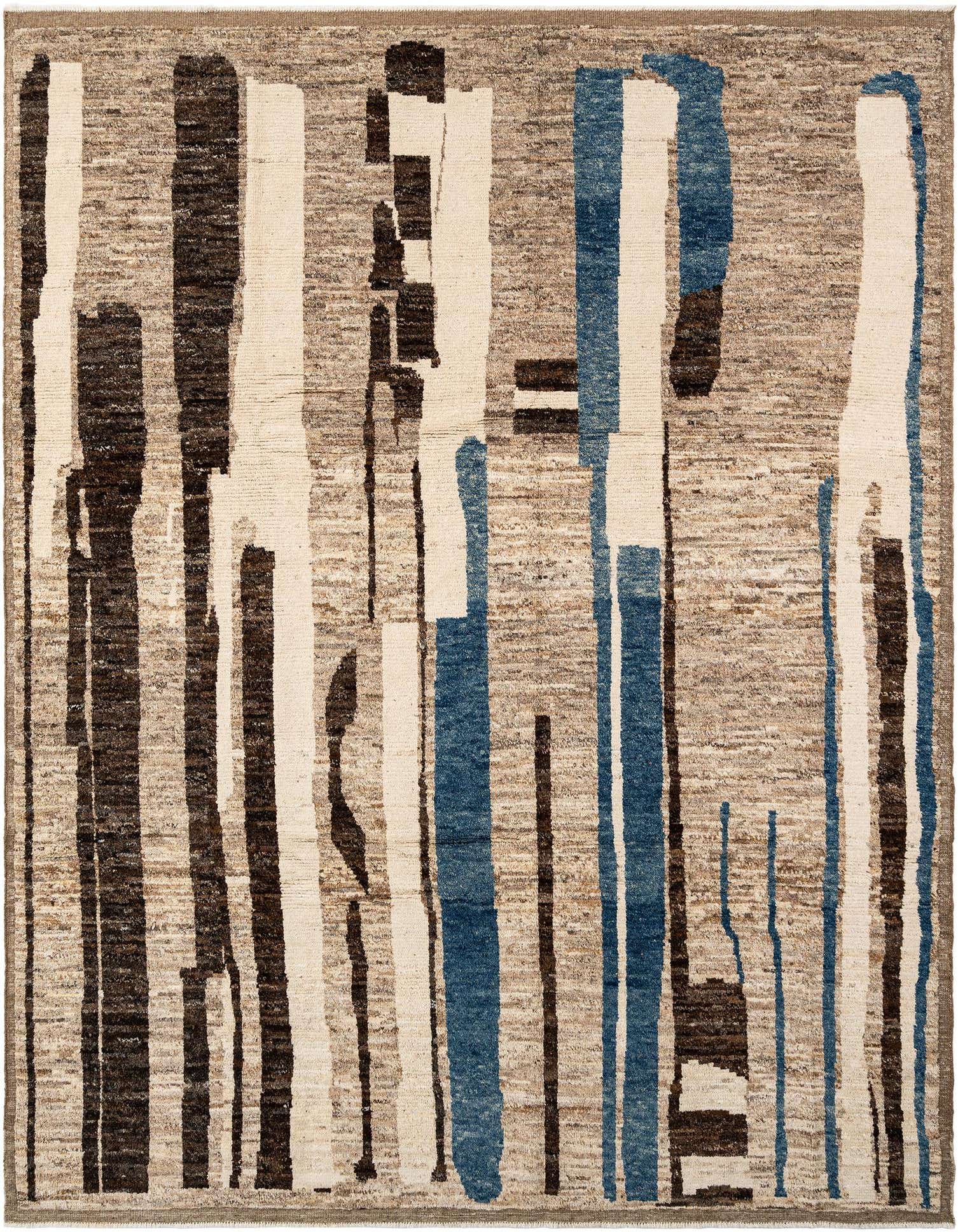 A rectangular Beni Marok wool rug featuring abstract vertical stripes in varying shades of brown, tan, cream, and blue.