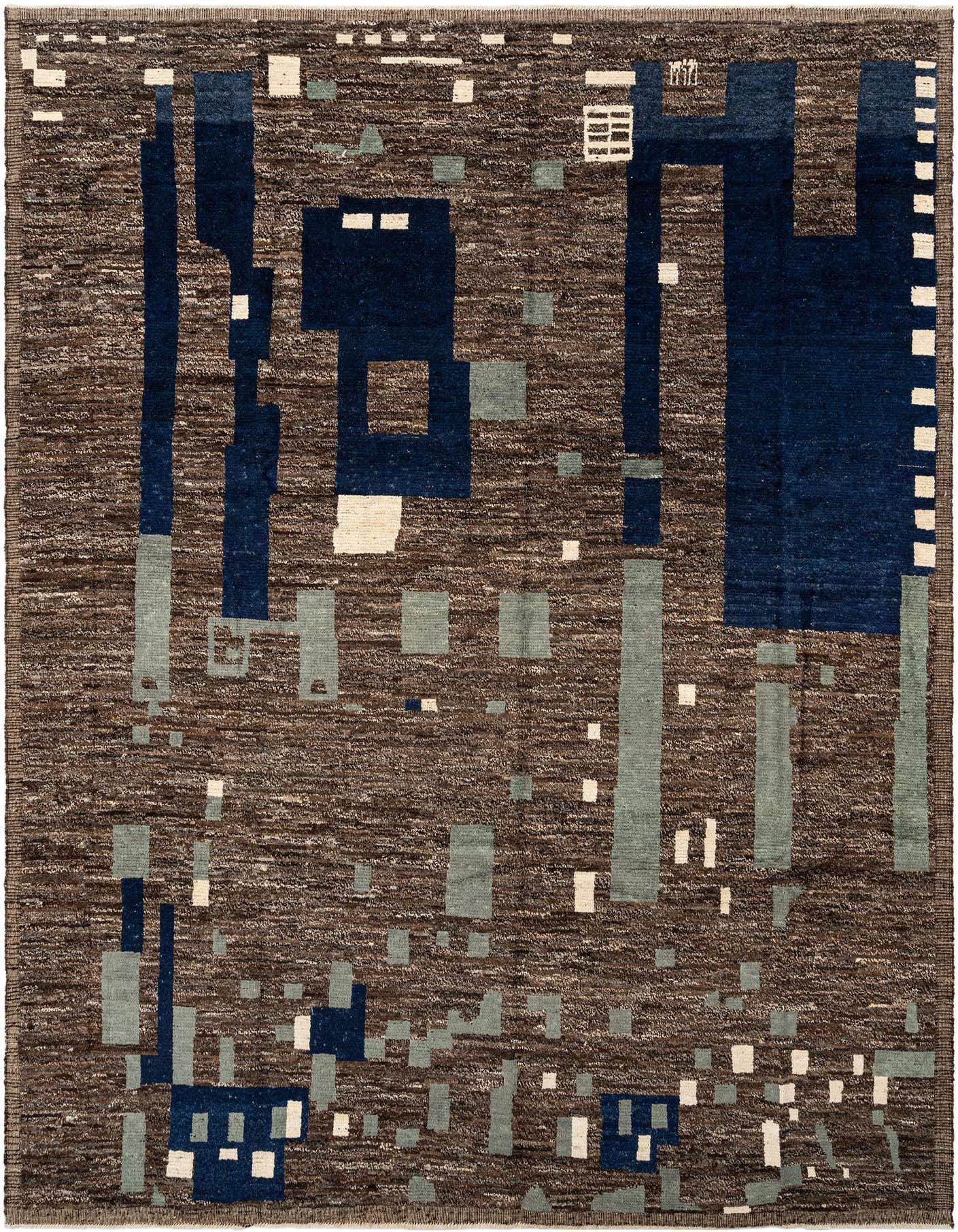 A rectangular Beni Marok Persian rug featuring a textured brown background with abstract navy blue, light blue, and cream geometric shapes.