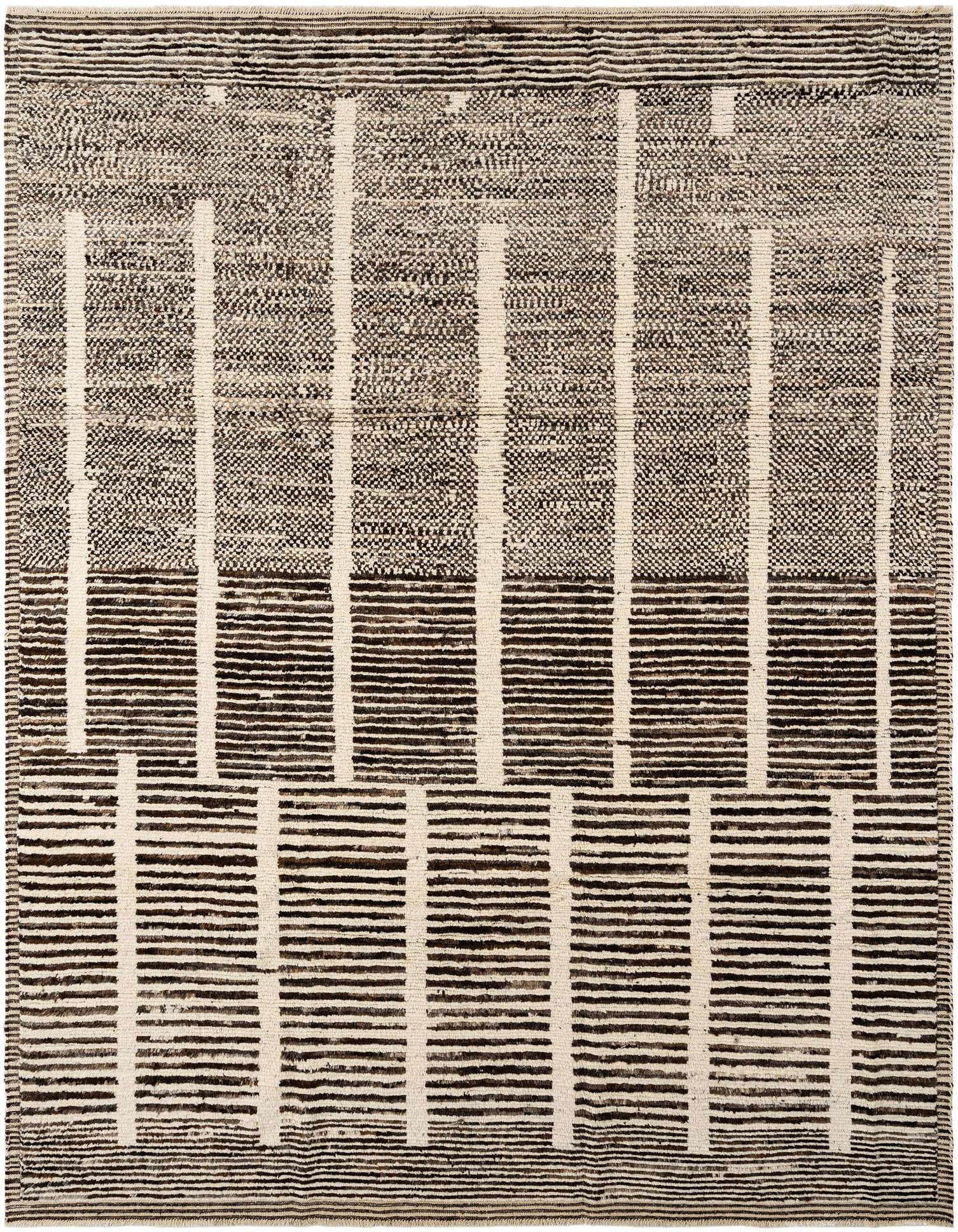 Handmade rectangular Beni Marok wool rug with a Persian pattern of brown horizontal lines and tan vertical stripes.