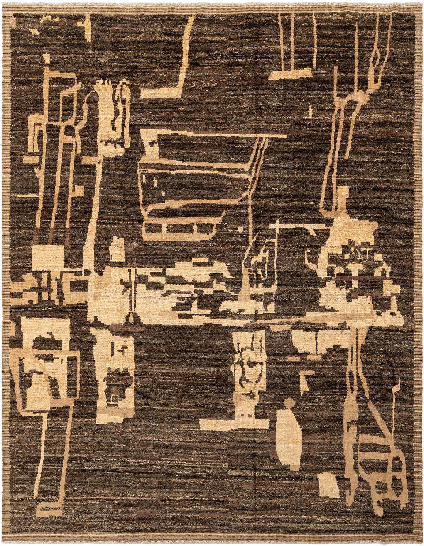 A rectangular Beni Marok wool rug with abstract tan and cream patterns on a dark brown background, suitable for an indoor living space.