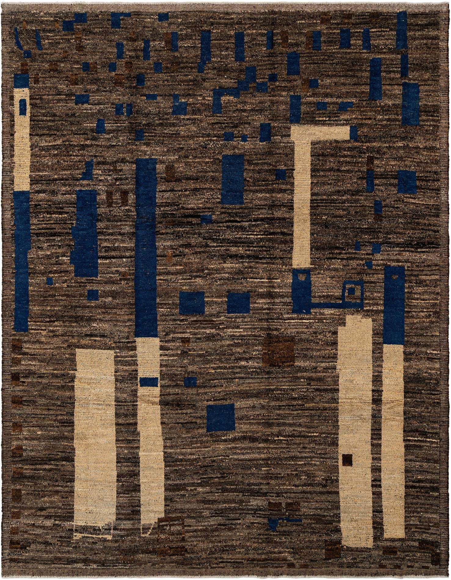 A rectangular Beni Marok Persian rug featuring a brown and tan abstract pattern with scattered blue accents.