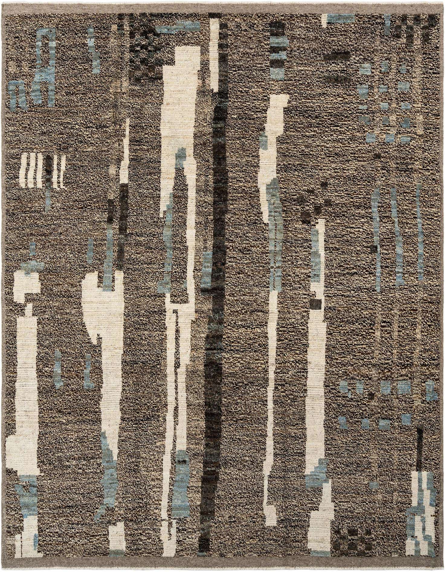 Rectangular Beni Marok wool rug featuring an abstract Persian pattern in shades of brown, tan, black, and light blue.