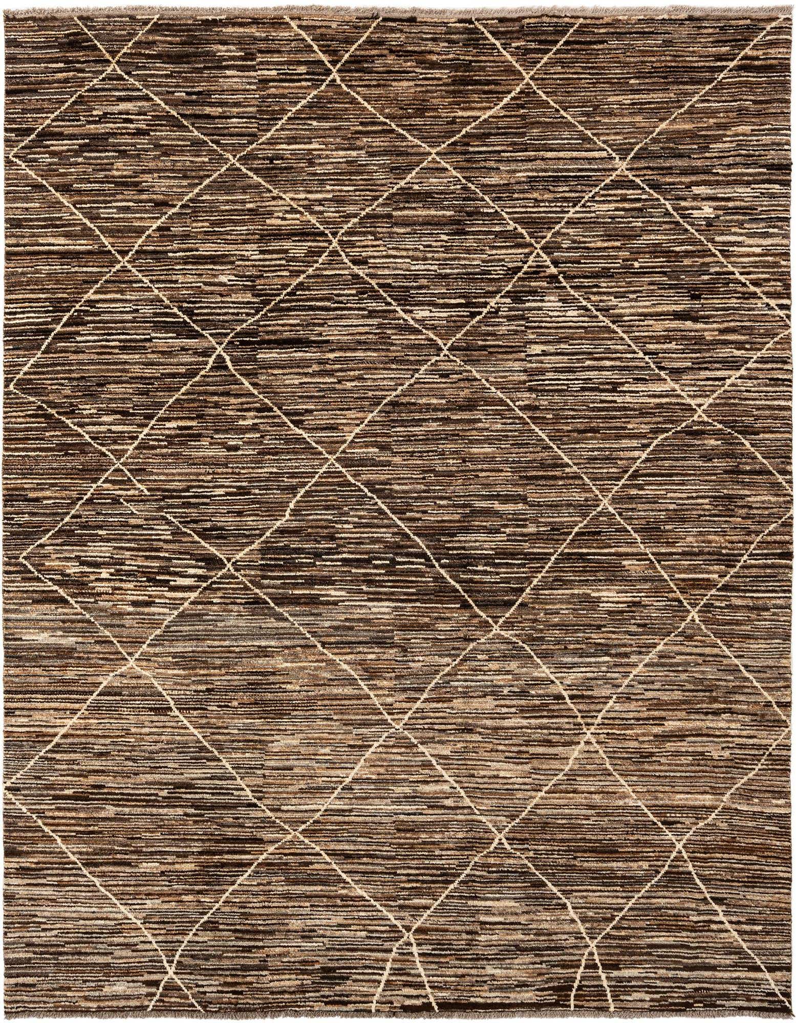 A 6x9 rectangular Beni Marok wool rug featuring a textured brown and tan base with a cream diamond pattern.