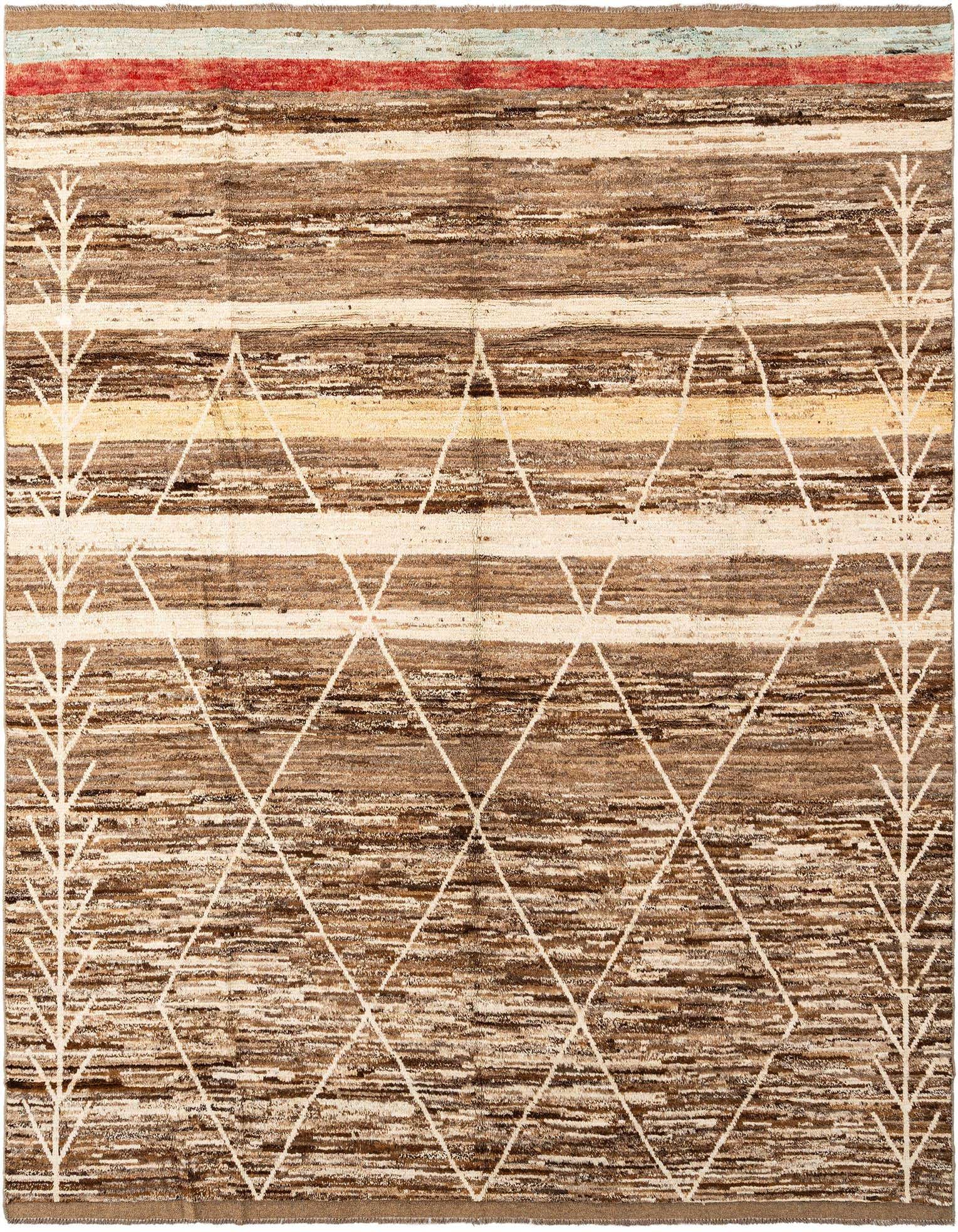A rectangular 8x11 Beni Marok wool rug featuring horizontal stripes in various browns and tans, with white geometric diamond and tree-like patterns.