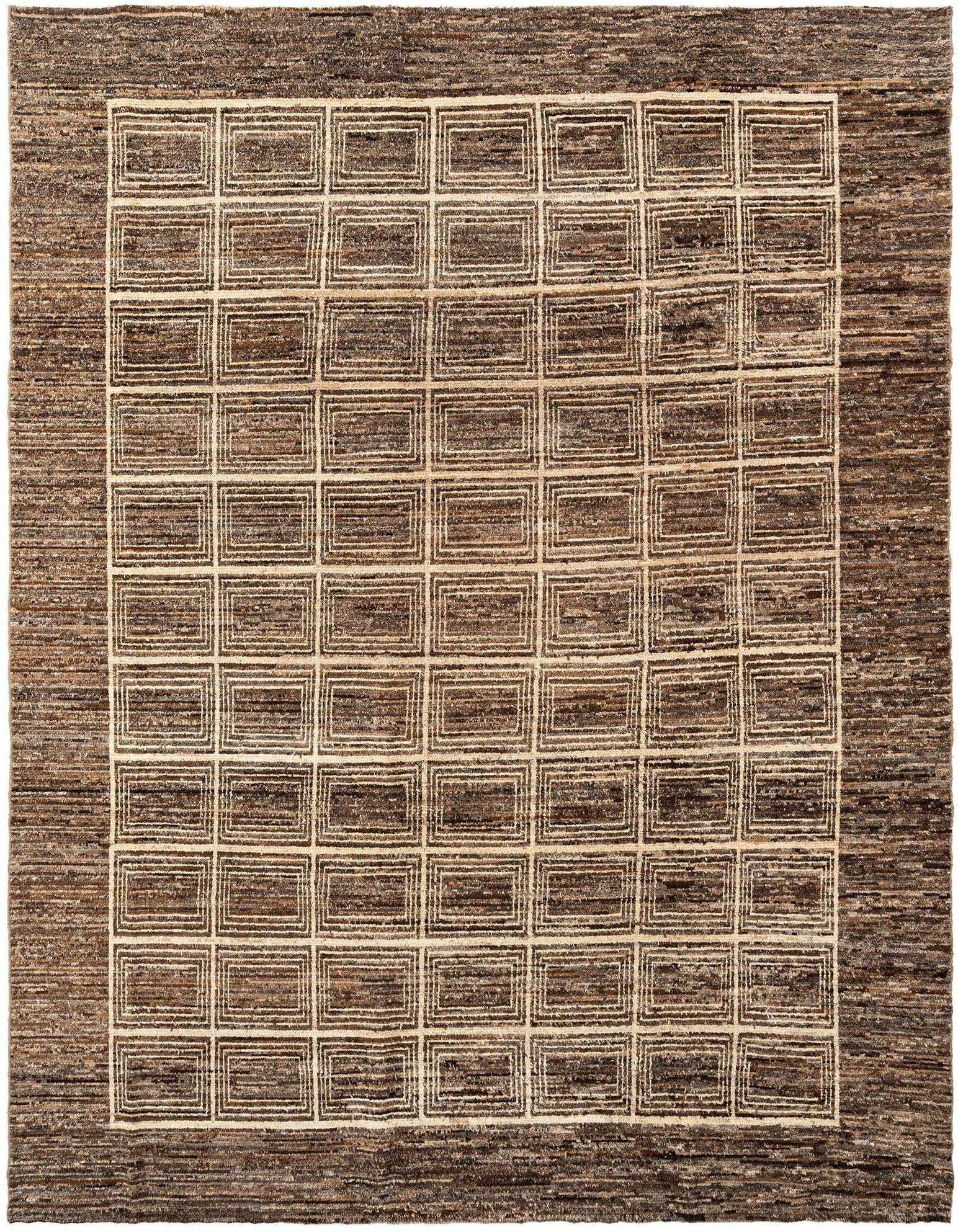 A 10x13 rectangular brown wool area rug featuring a repeating pattern of light tan concentric rectangles.
