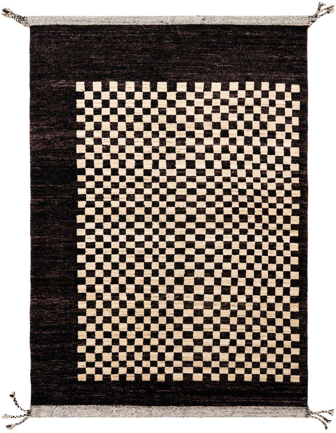 A 5x8 rectangular Beni Marok wool rug featuring a large checkerboard pattern in brown and tan, framed by a solid dark brown border.