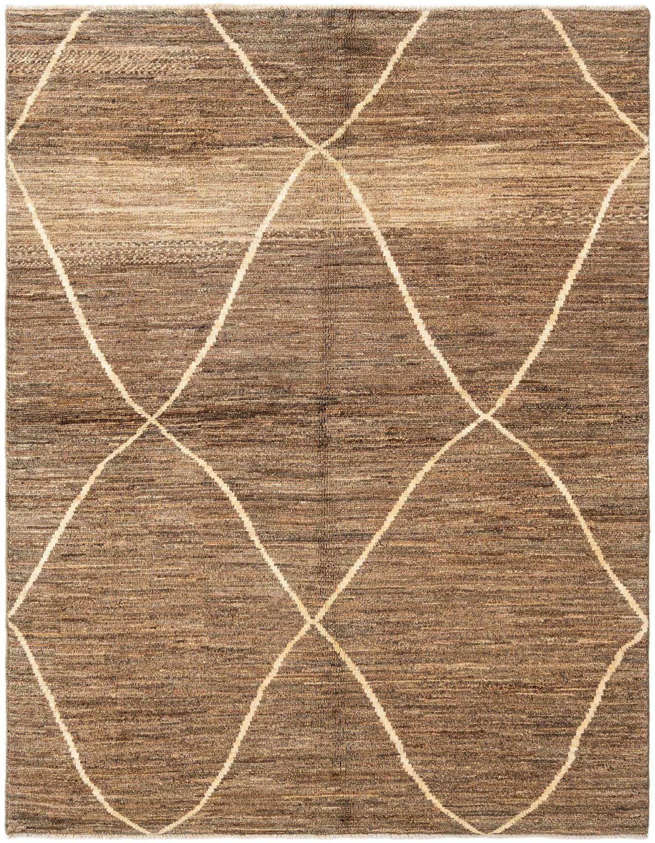 A 5x8 rectangular brown and tan wool rug with a subtle diamond pattern, suitable for an indoor living room.