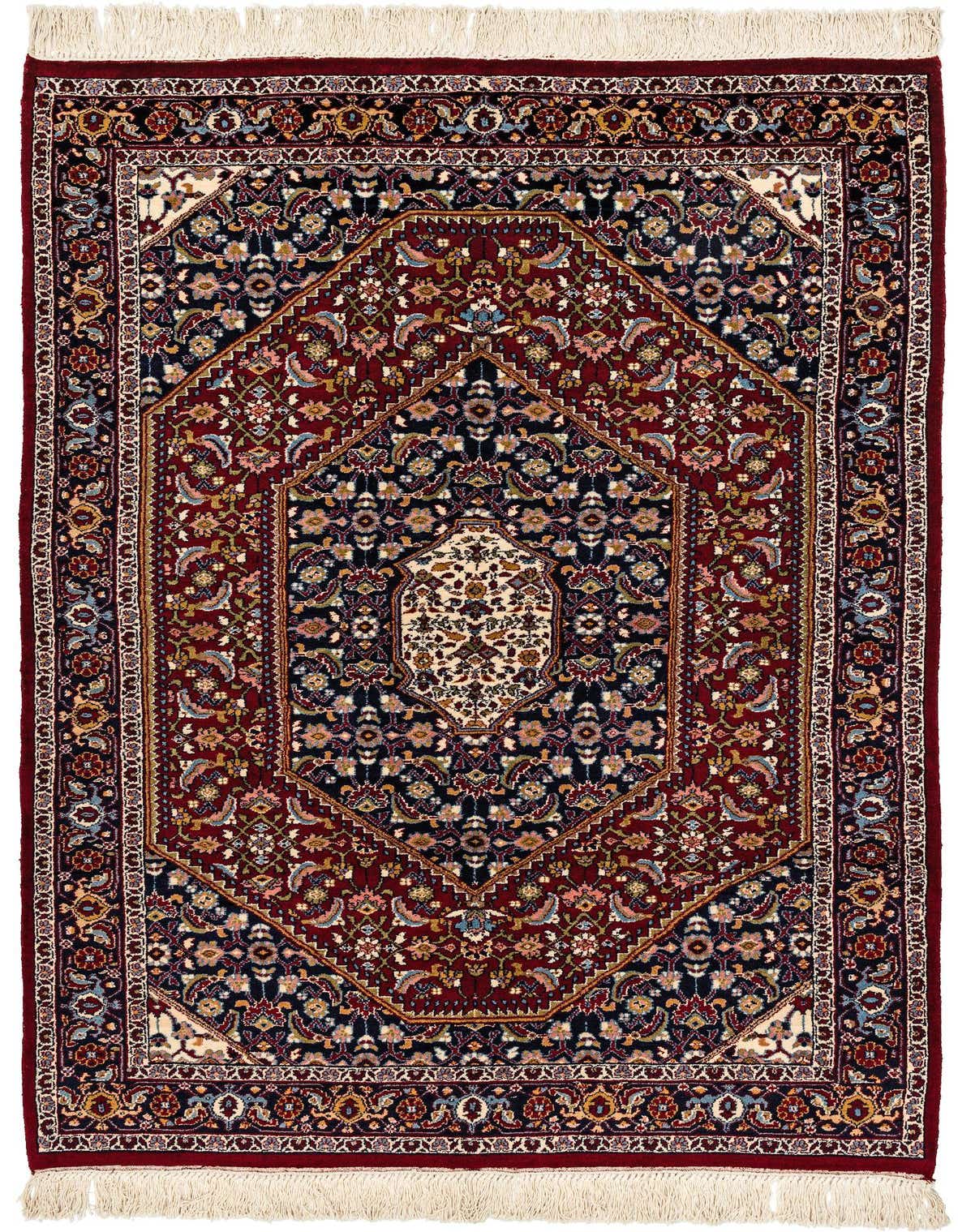 A 4x6 rectangular Birjand wool rug featuring a traditional Oriental medallion pattern in rich brown, tan, and navy hues with intricate floral motifs and a fringed edge.