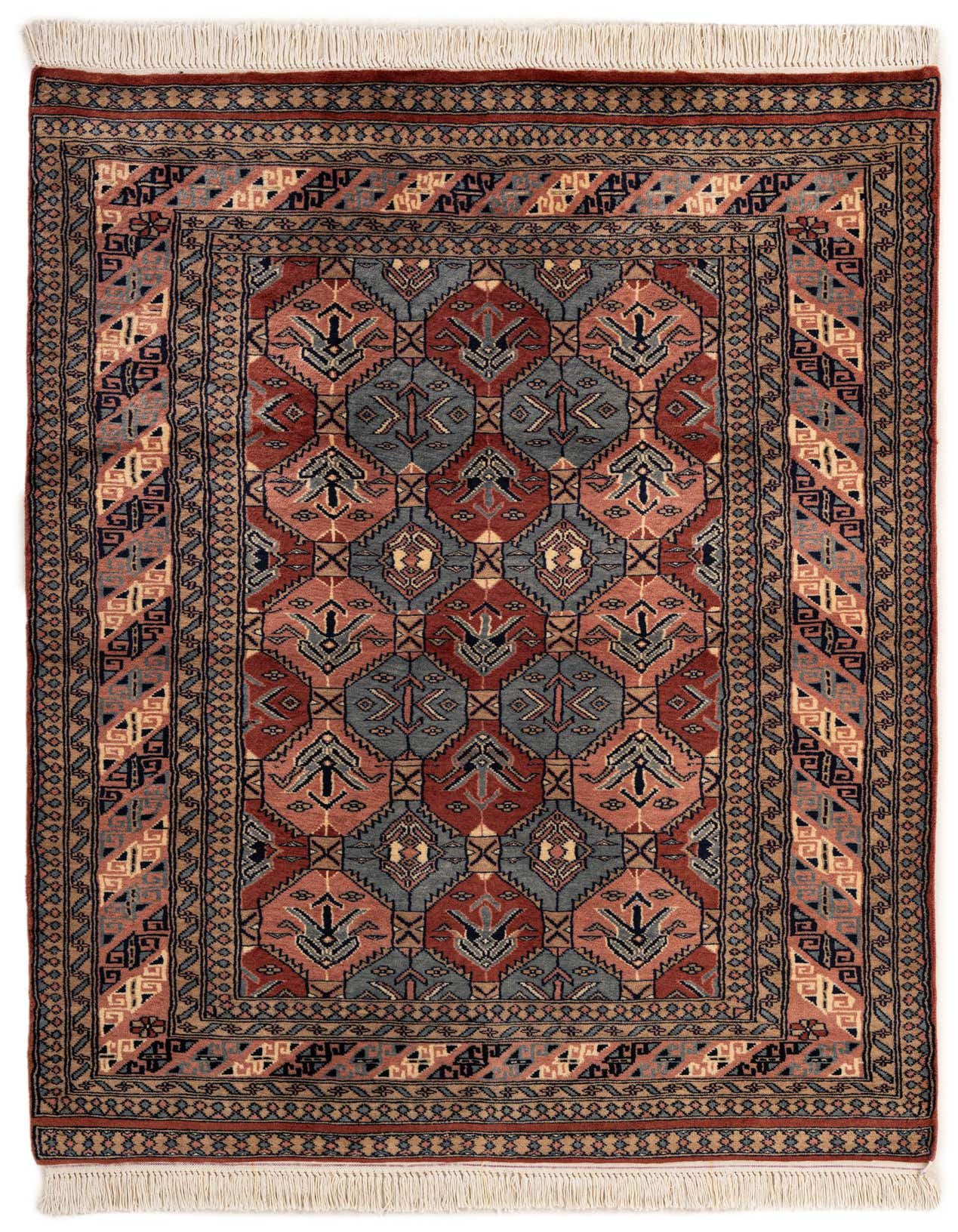 A 4x6 rectangular Bokhara rug with a traditional tribal pattern in shades of brown, tan, and muted red, featuring intricate geometric motifs and a fringed edge.