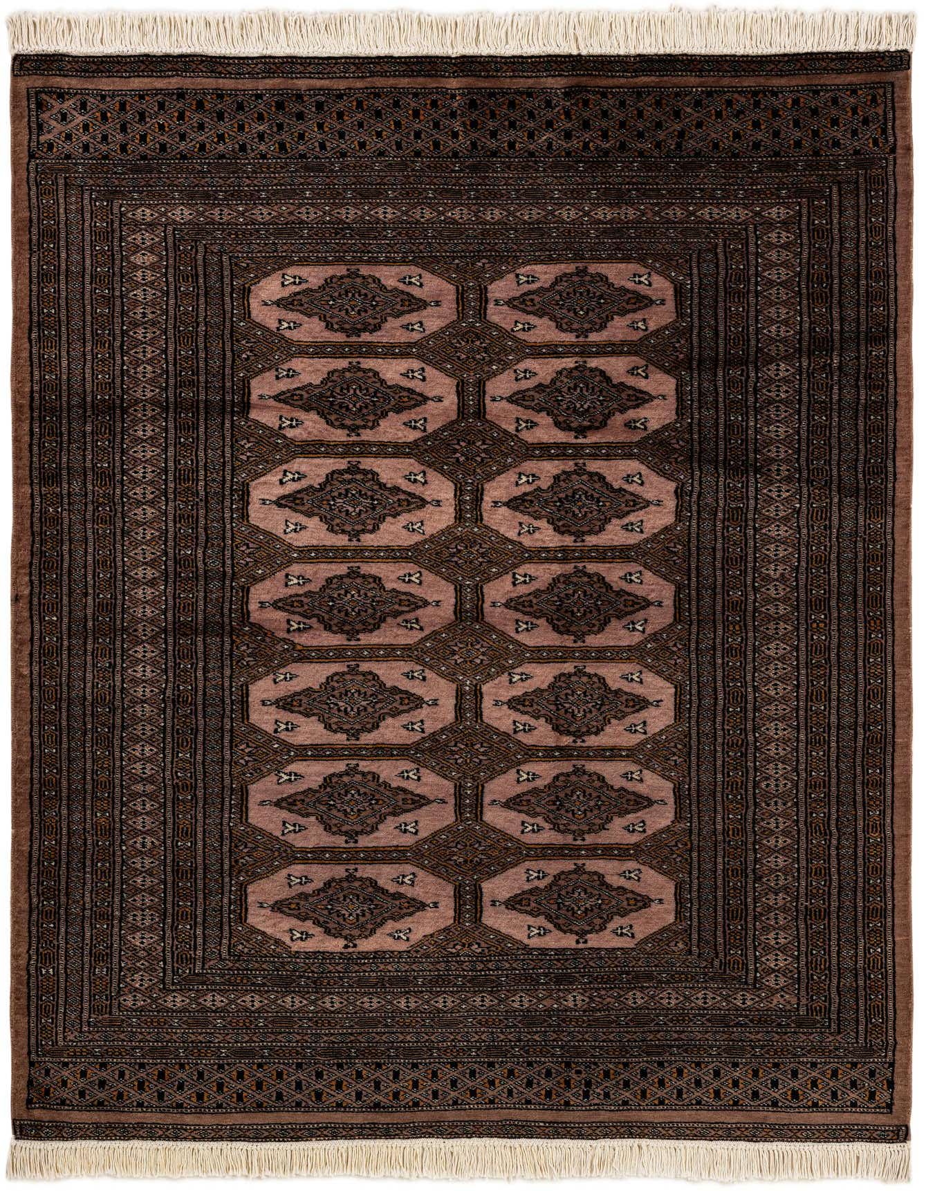A 4x6 rectangular Bokhara rug featuring a traditional tribal pattern in shades of brown and tan, with fringe.