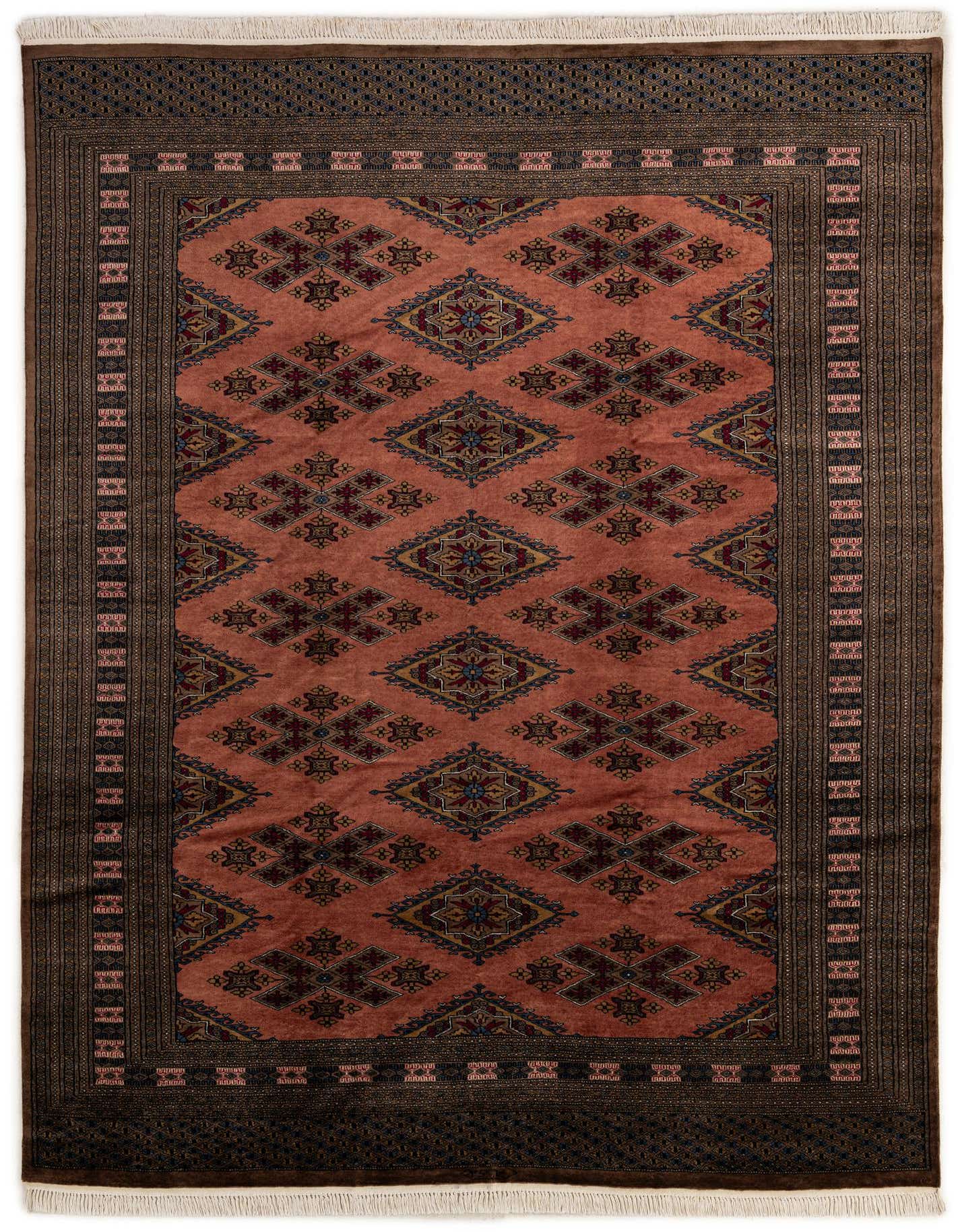 A 7x10 rectangular Bokhara rug featuring a traditional tribal pattern in shades of brown and tan, with intricate diamond motifs.