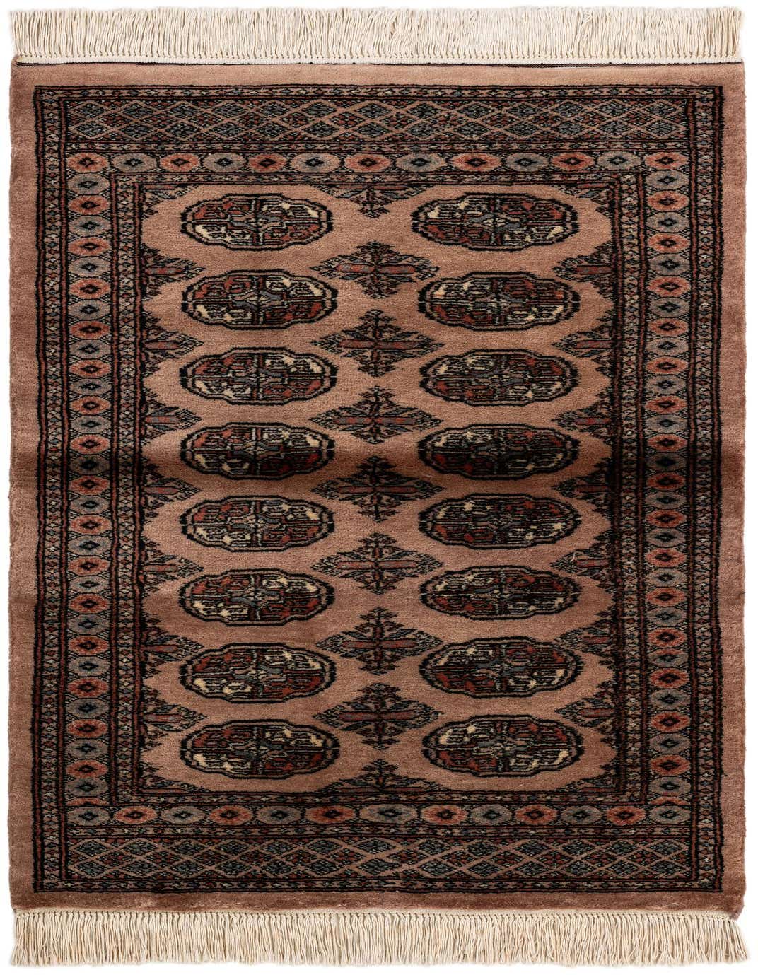 A 3x5 rectangular Bokhara wool rug in shades of brown and tan, featuring a traditional tribal pattern with geometric medallions and a detailed border, suitable for an entryway.