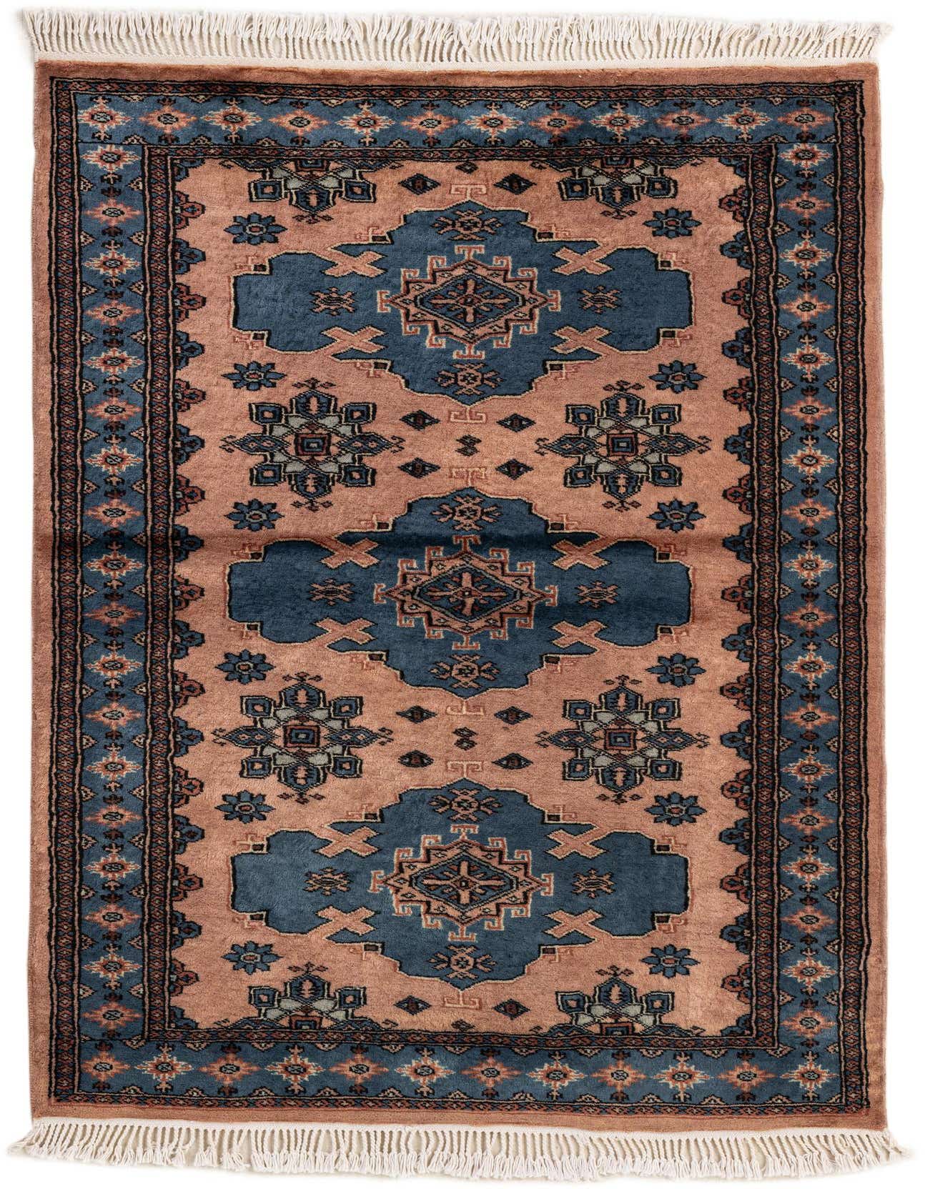 A 3x5 rectangular Bokhara rug with a traditional tribal pattern in earthy brown and deep blue, featuring intricate medallions and a bordered design with fringe.