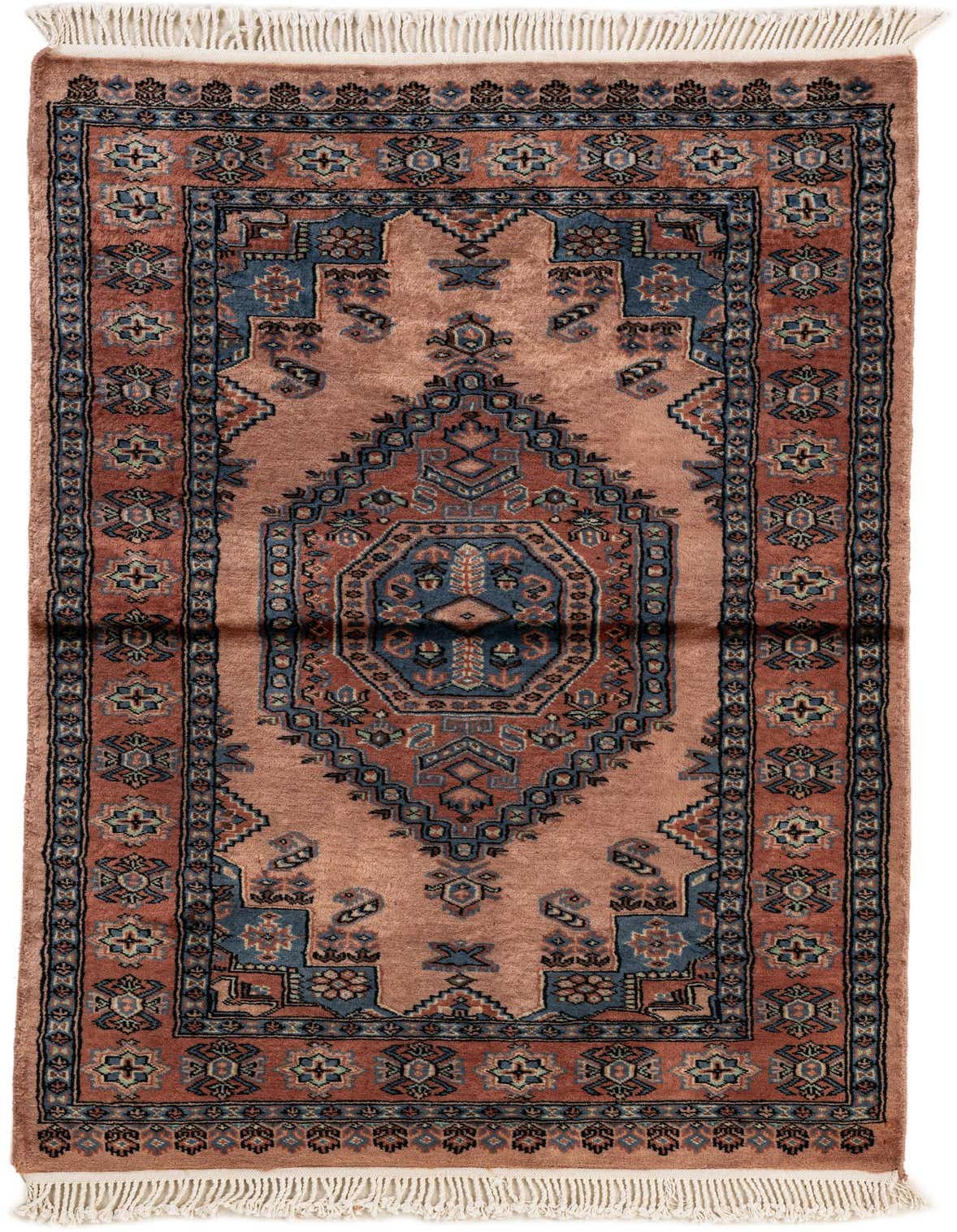A 3x5 rectangular Bokhara wool rug in browns/tans with a central medallion and tribal patterns, featuring blue and rust accents and white fringe.