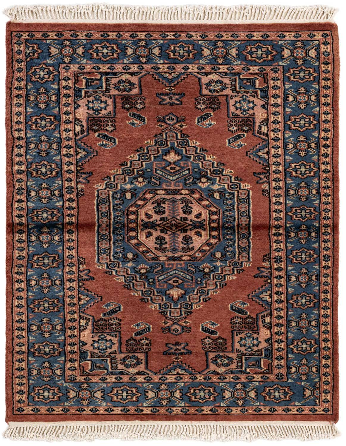 A 3x5 rectangular Bokhara rug with a traditional tribal medallion pattern in shades of brown, tan, and blue, featuring fringe.
