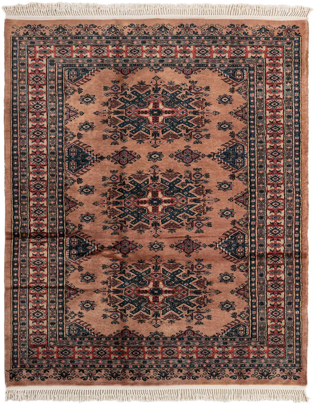 A 4x6 rectangular Bokhara rug in shades of brown and tan, featuring a traditional tribal medallion pattern with intricate red and blue accents, suitable for an indoor living room or entryway.