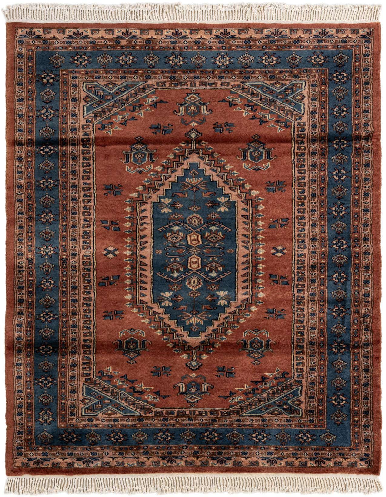 A 4x6 rectangular Bokhara rug with a central medallion in deep blue, surrounded by a rust-brown field and intricate tribal patterns, featuring a flat pile and fringe.