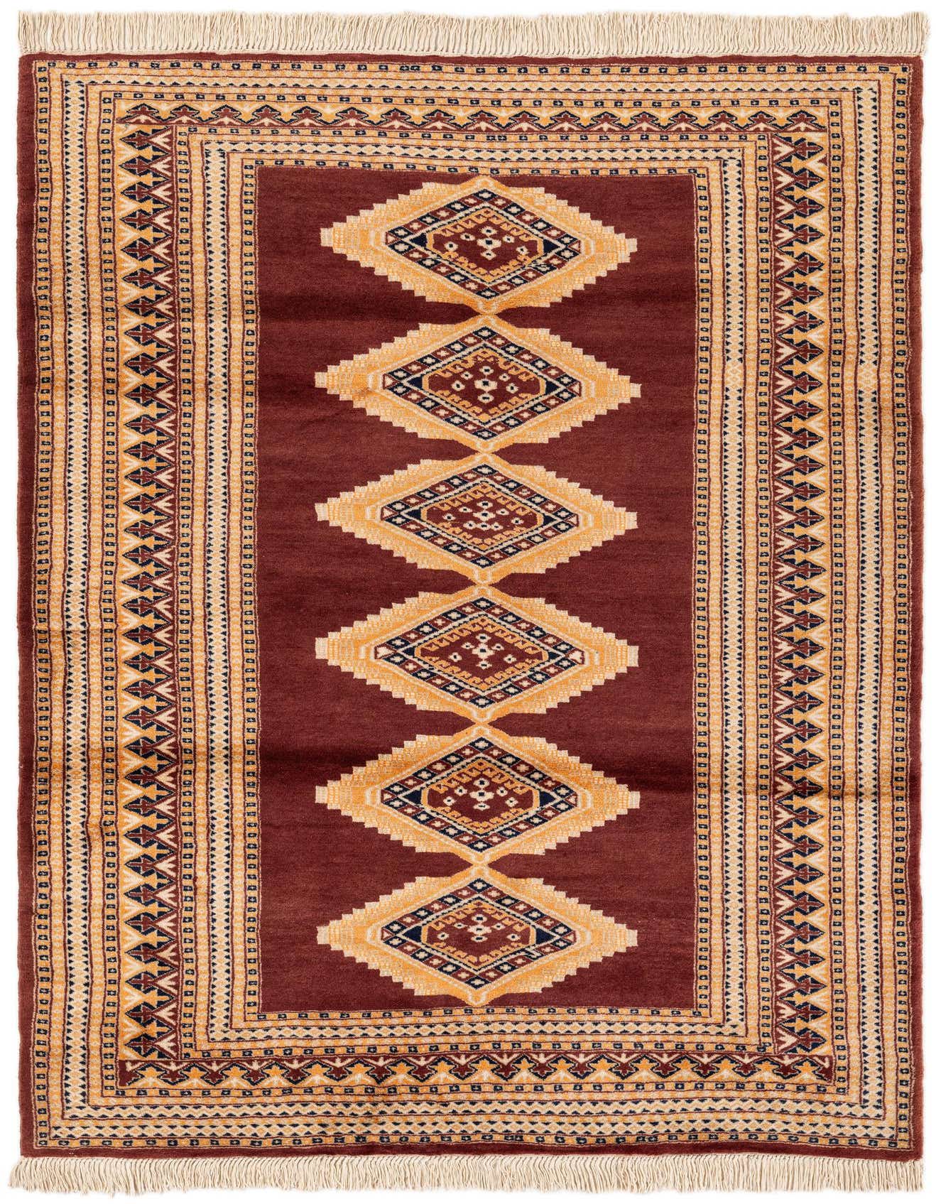 A 4x6 rectangular Bokhara rug in rich brown with a central column of tan and navy tribal diamond patterns, framed by intricate borders.