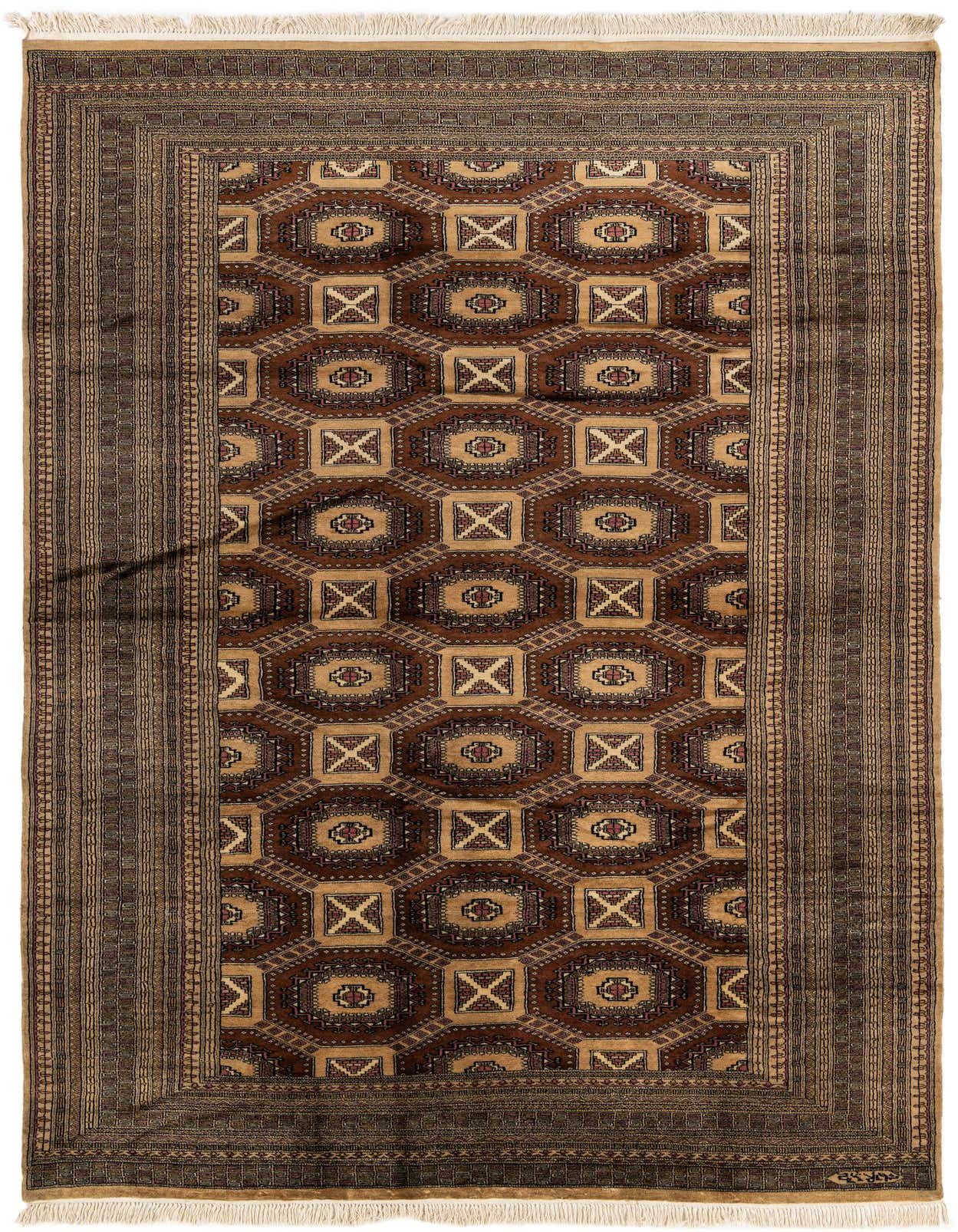 A 7x10 rectangular Bokhara rug featuring a traditional tribal pattern in rich browns and tans, with intricate geometric motifs and a detailed border.