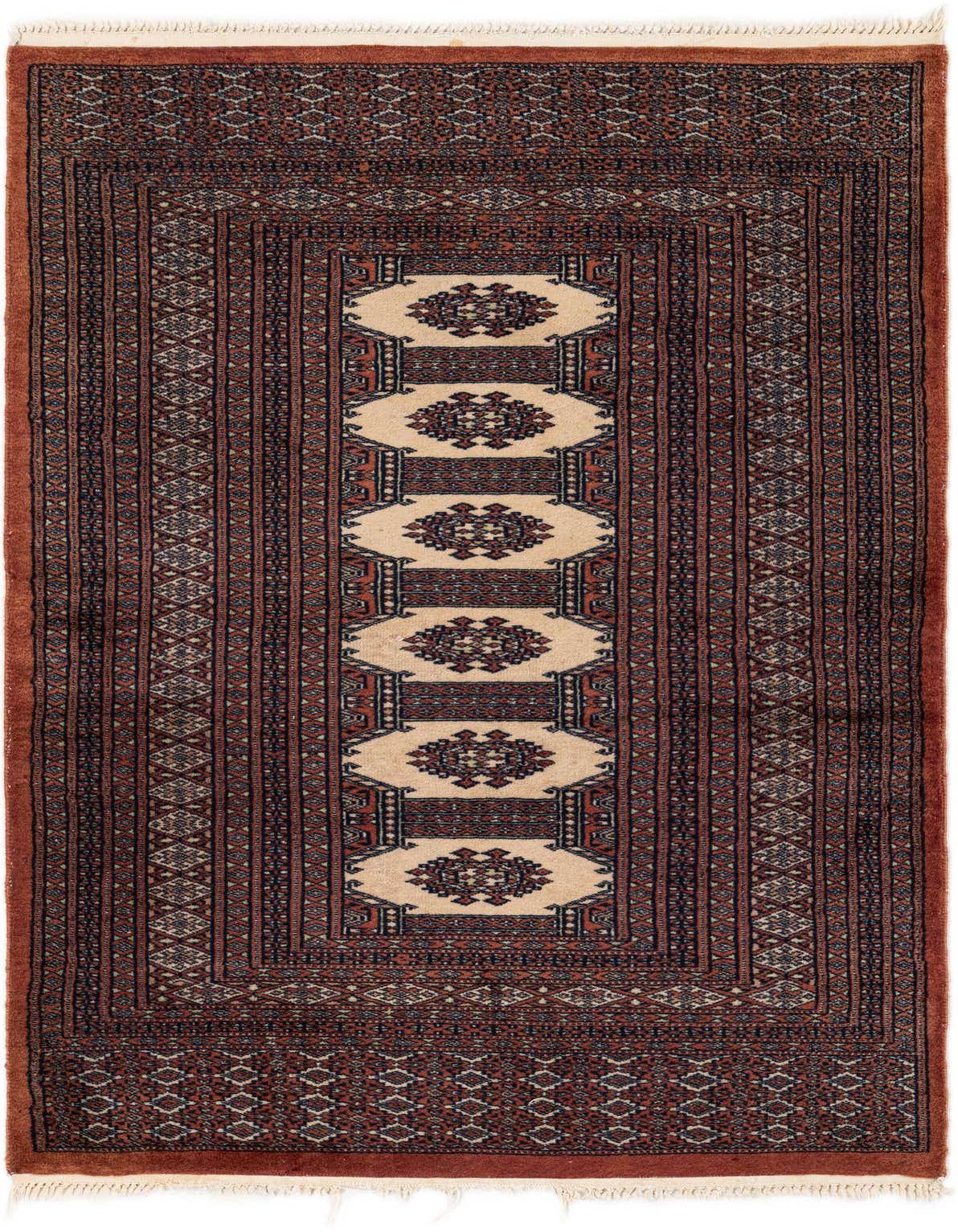 A 3x5 rectangular Bokhara wool rug featuring traditional tribal patterns in shades of brown and tan, with a central medallion design.
