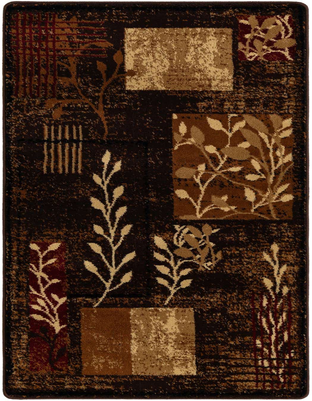 A 3x5 rectangular Cafe Collection rug featuring a rich brown background with tan, beige, and dark red abstract botanical and geometric patterns.