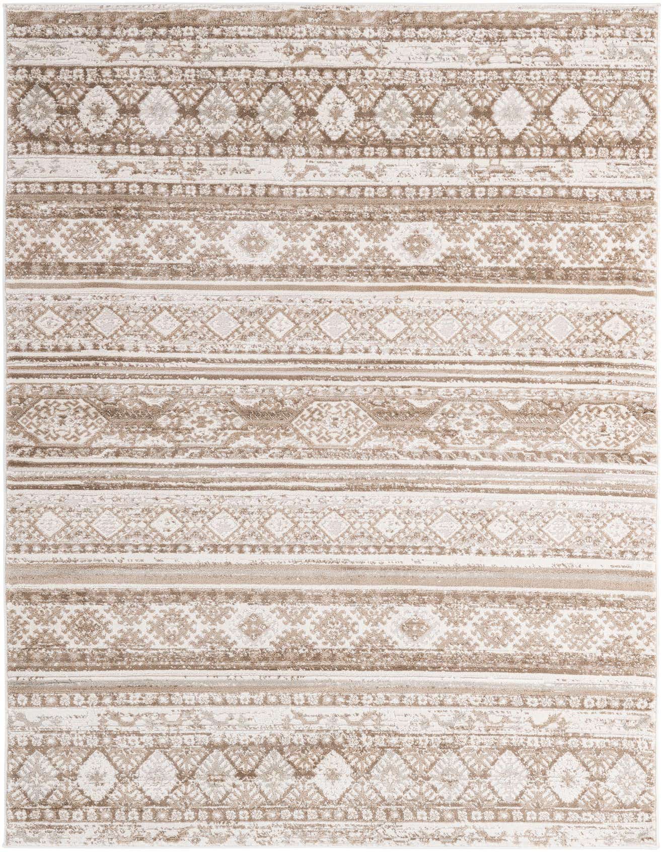 A 5x7 rectangular indoor rug featuring horizontal stripes of modern geometric patterns in varying shades of brown and tan.