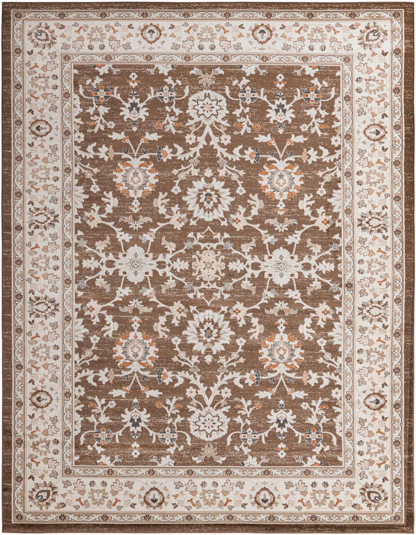 A 10x14 rectangular Charlotte Collection rug in browns and tans, featuring a traditional Oriental floral pattern with a thin pile.