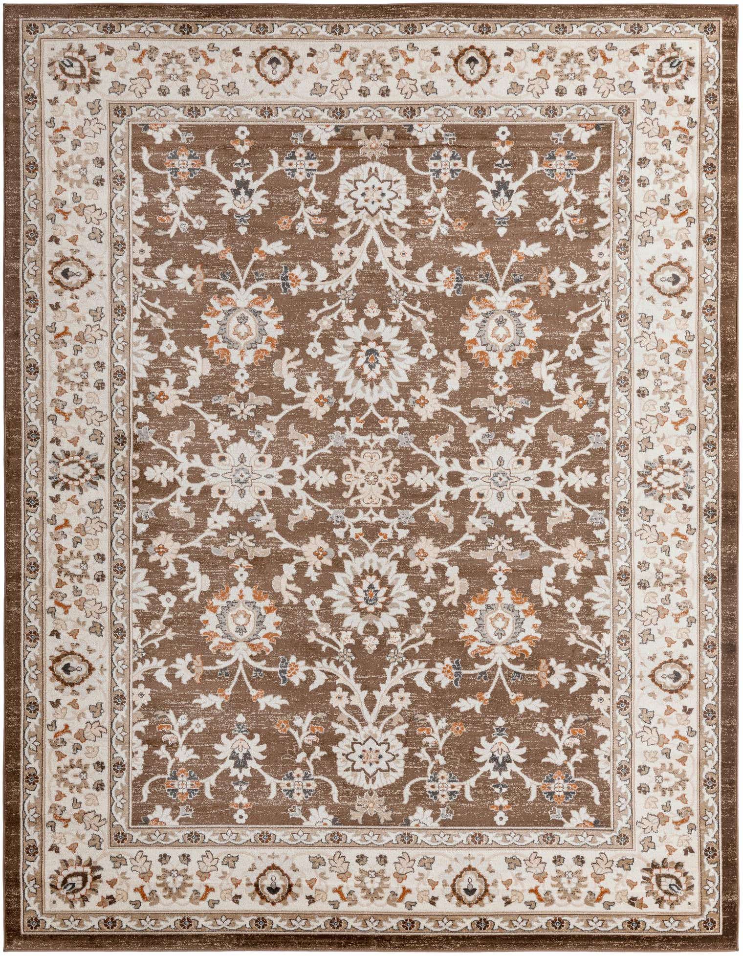 A 9x12 rectangular Charlotte rug from Rugs.com with a traditional floral pattern in shades of brown, tan, and cream.