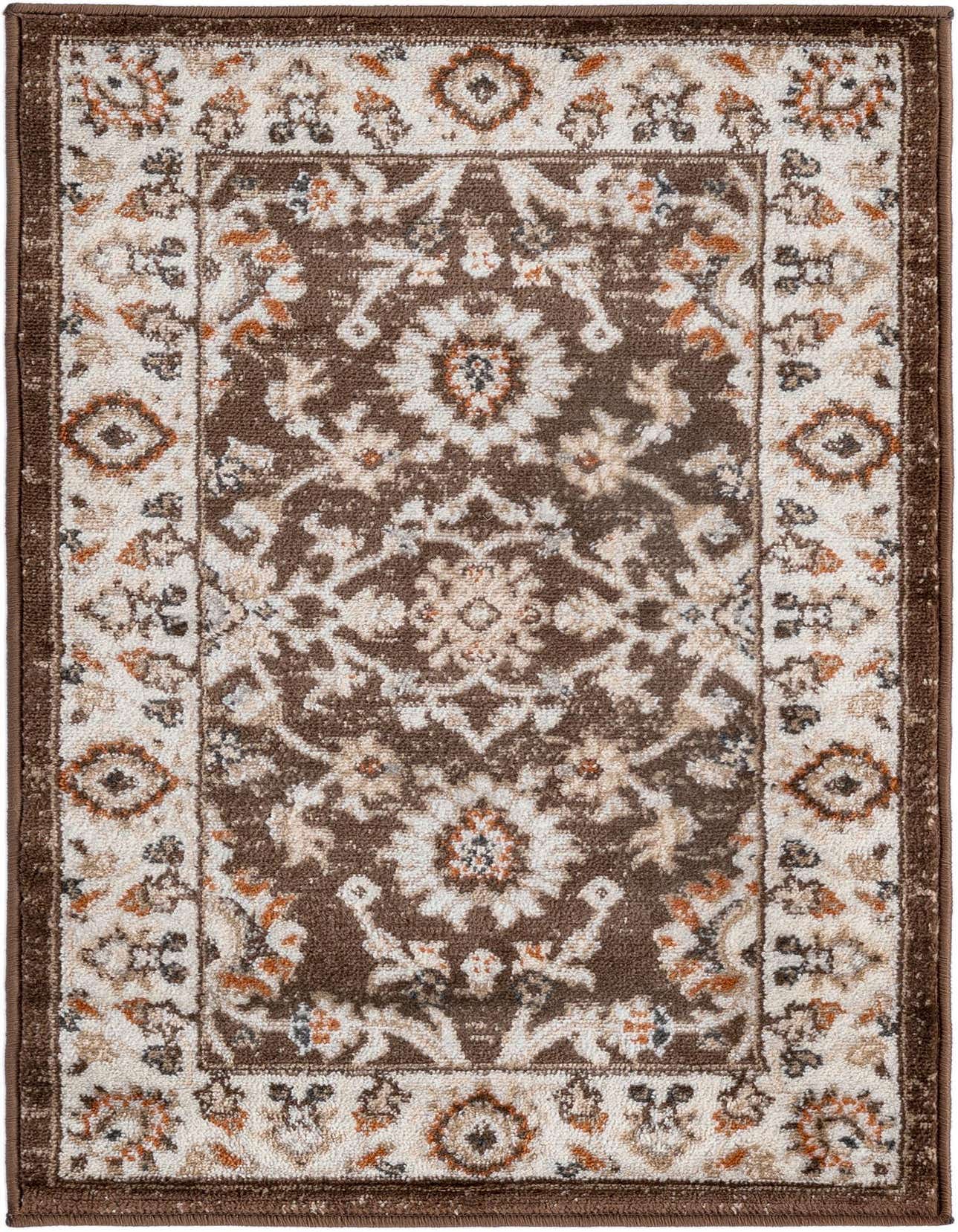 A 2x3 rectangular Rugs.com Charlotte rug featuring a traditional floral pattern in shades of brown, tan, and cream.