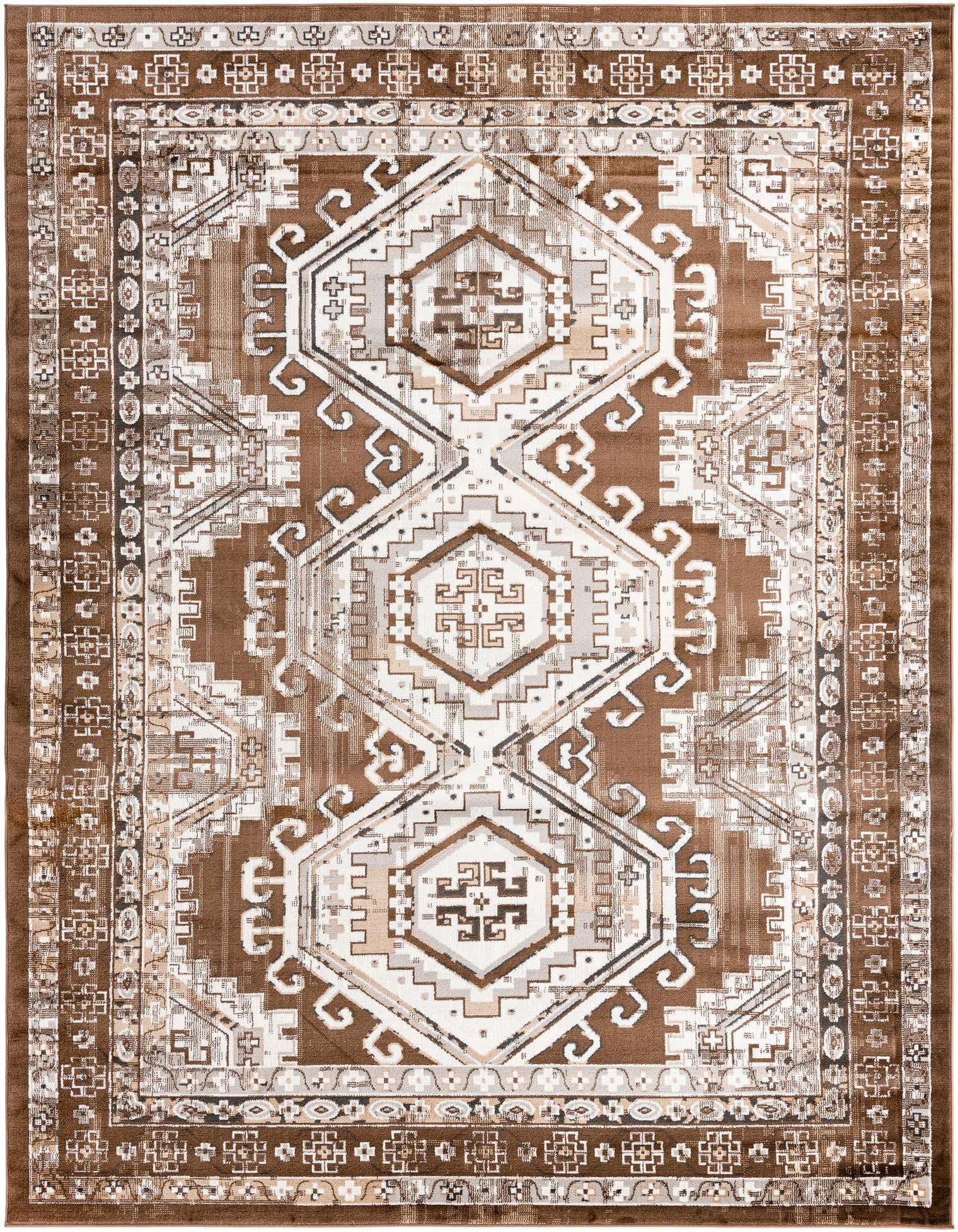 A 9x12 rectangular brown and tan traditional tribal area rug with a Southwestern geometric pattern and decorative border.