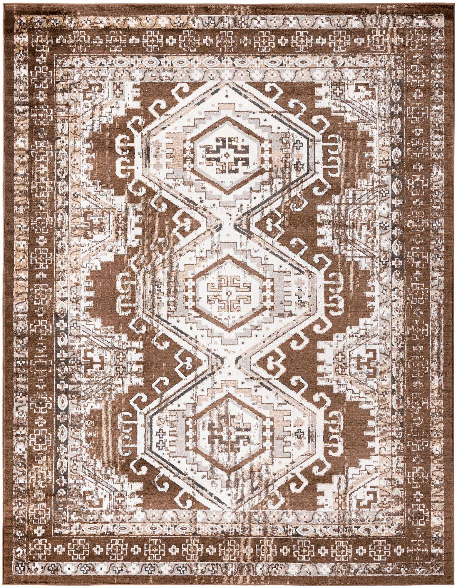 An 8x10 rectangular brown and tan traditional tribal rug with intricate geometric patterns and a decorative border.