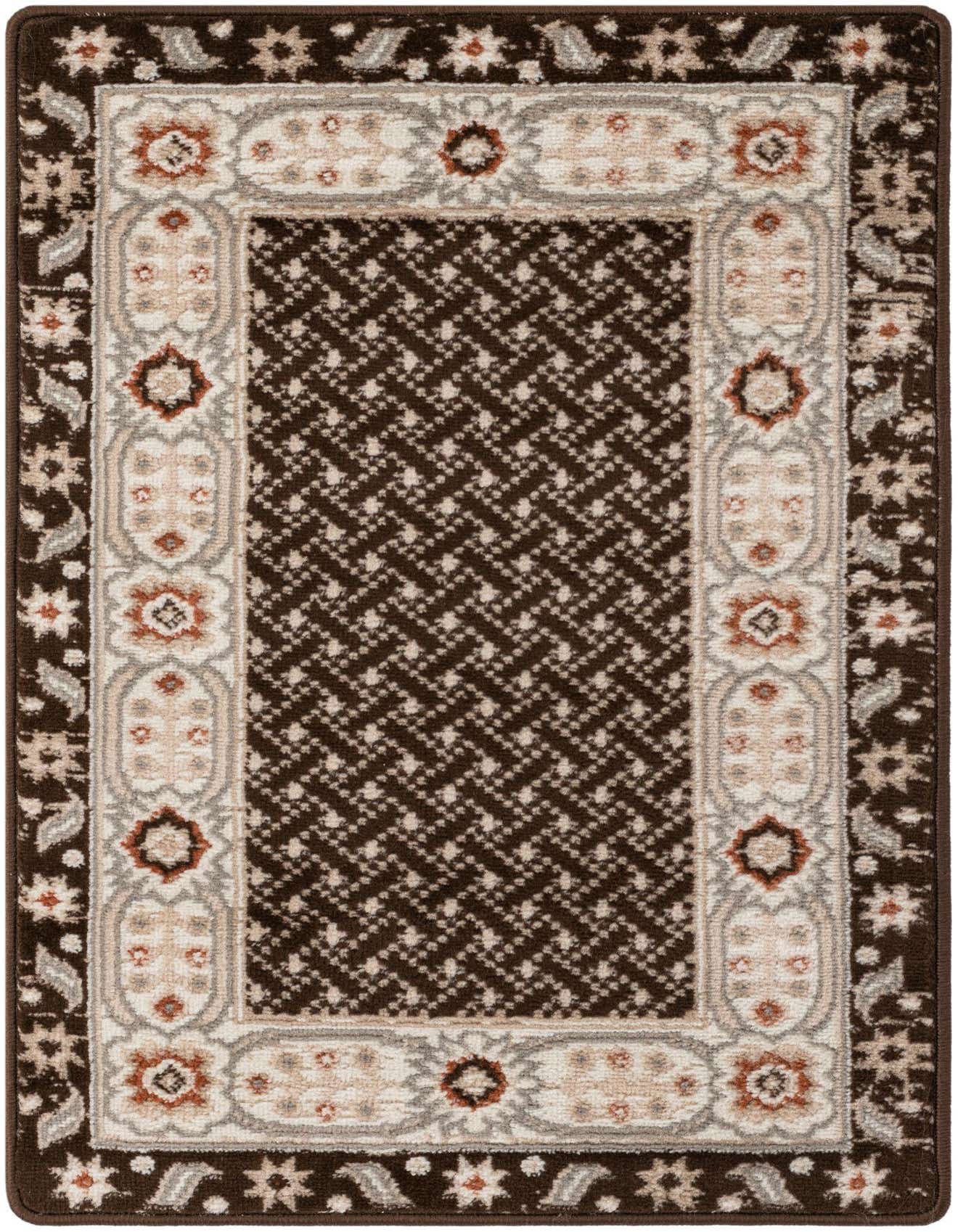 A 2x3 rectangular Rugs.com Charlotte rug in browns and tans, featuring a modern pattern with a dark brown center and lighter border.