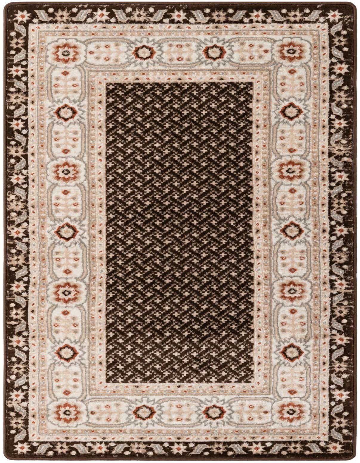 A 3x5 rectangular brown modern rug with a repeating geometric pattern in the center and a decorative border in shades of tan, cream, and subtle orange.