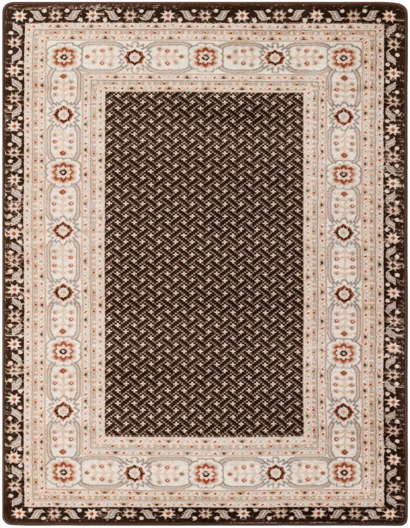 A rectangular 4x6 brown and tan modern area rug with a geometric pattern in the center and a floral border.