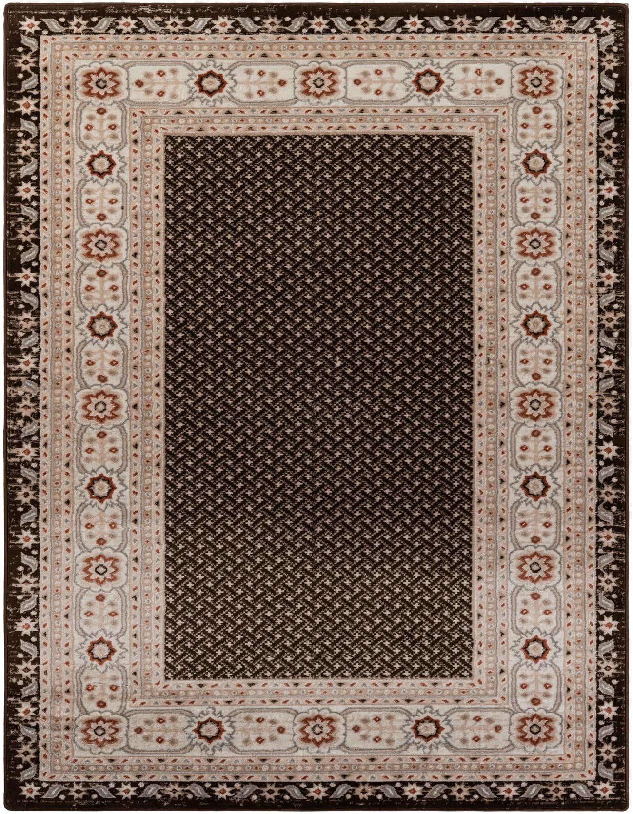 A 5x8 rectangular Charlotte Collection rug with a dark brown field and a light tan and brown modern patterned border.
