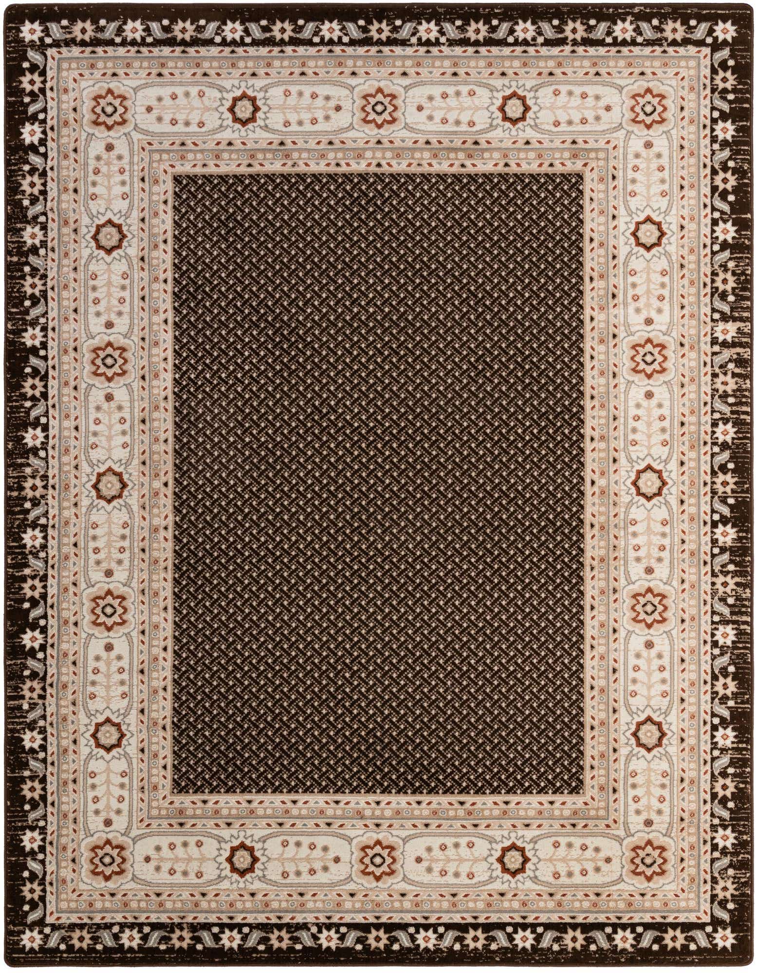An 8x10 rectangular Charlotte rug featuring a dark brown center with a subtle geometric pattern, framed by a wide tan and cream border with traditional floral and medallion motifs, and an outer dark brown distressed border with starbursts.