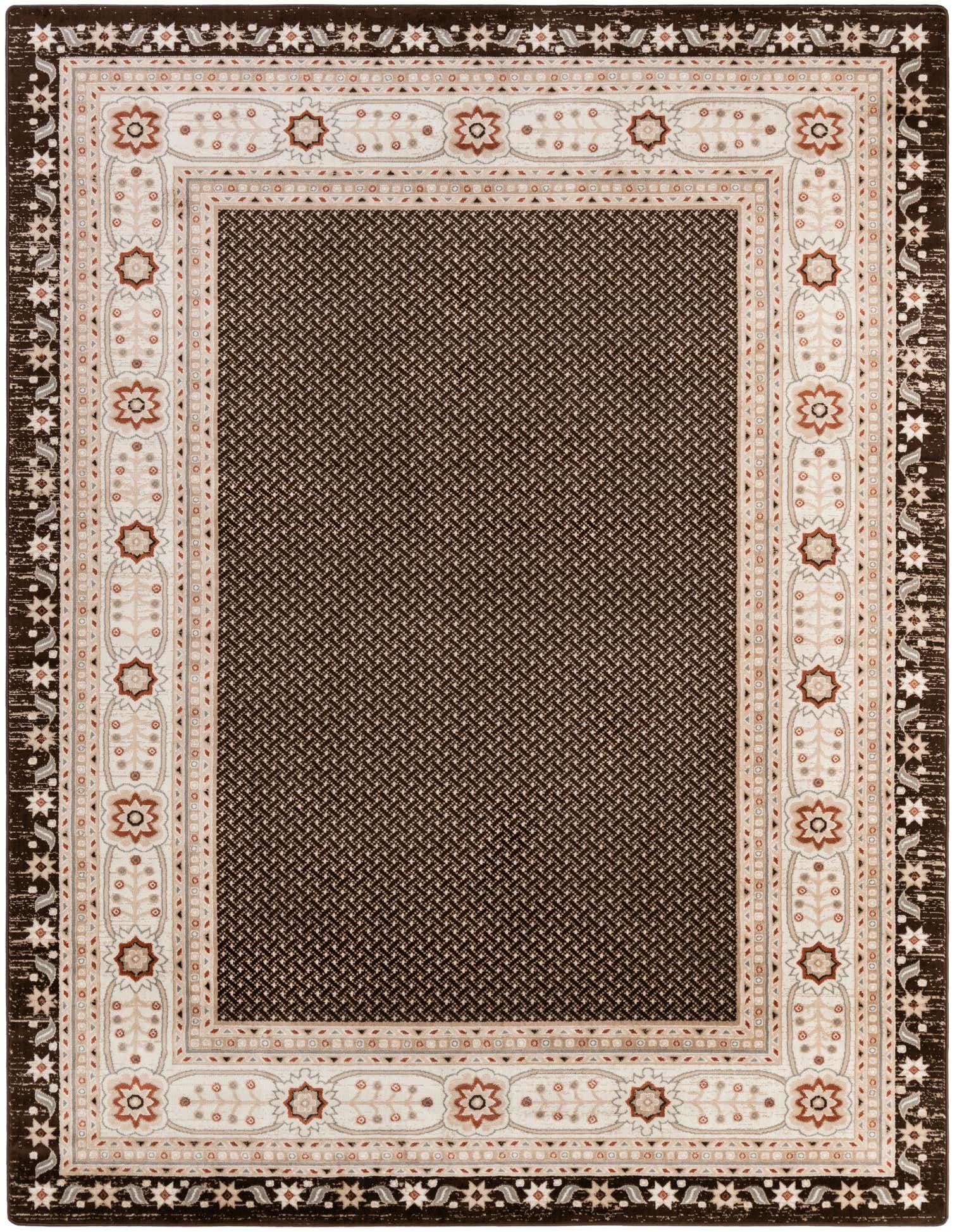 A 9x12 rectangular Charlotte Collection rug with a dark brown center and a wide tan and brown modern floral border.