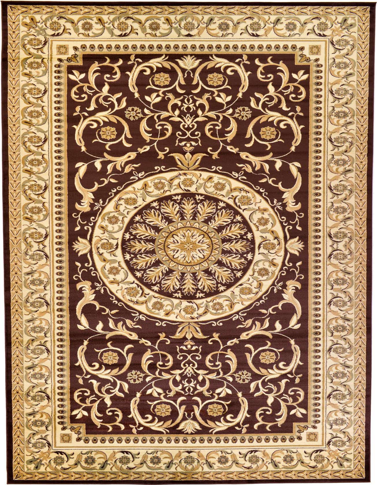 A 10x16 rectangular brown area rug with a traditional medallion and botanical pattern in tan and cream, suitable for an indoor living space.