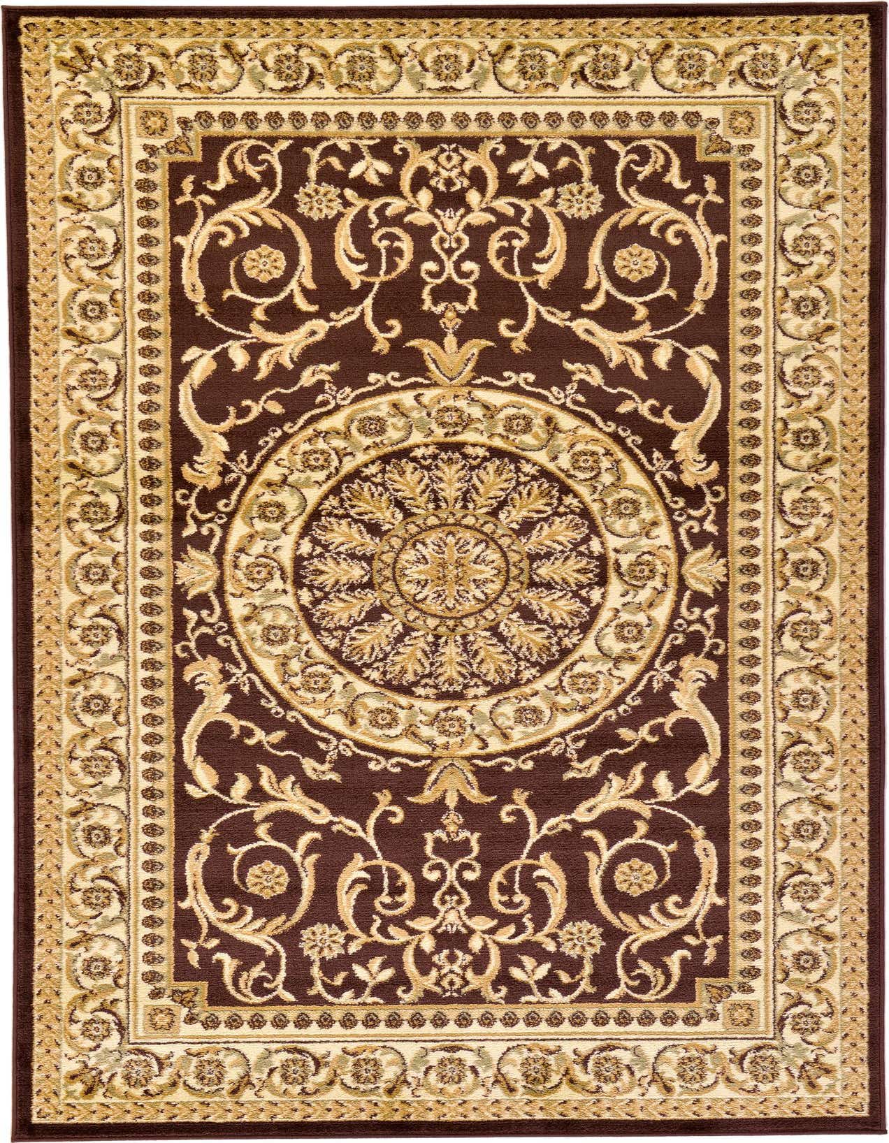 A 5x8 rectangular Chateau rug in browns and tans, featuring a traditional botanical medallion pattern, ideal for a living room.