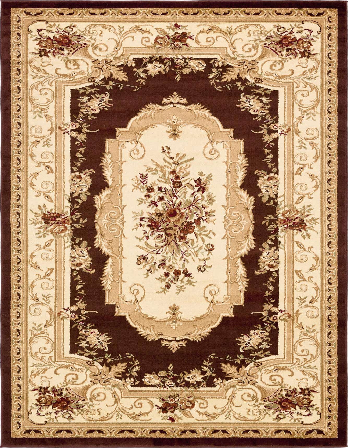A 6x9 rectangular Chateau rug featuring a traditional medallion pattern in shades of brown and tan, with floral accents.